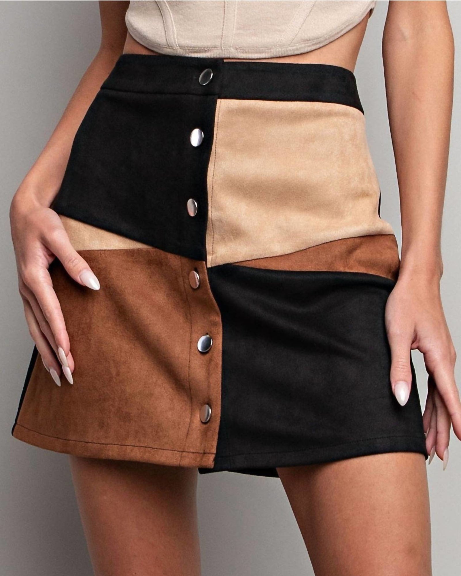 Color Block Button Down Mini Skirt In Black/Brown/Tan | Black/Brown/Tan