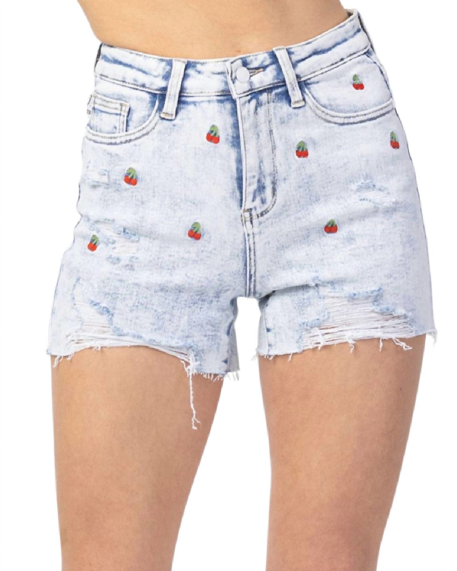 Cherry Embroidery High Rise Cut-Off Short In Acid Wash | Acid Wash