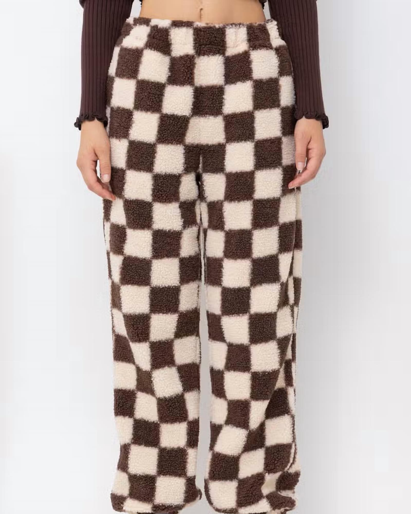 Checkered Print Teddy Joggers In Cream And Brown | Cream And Brown