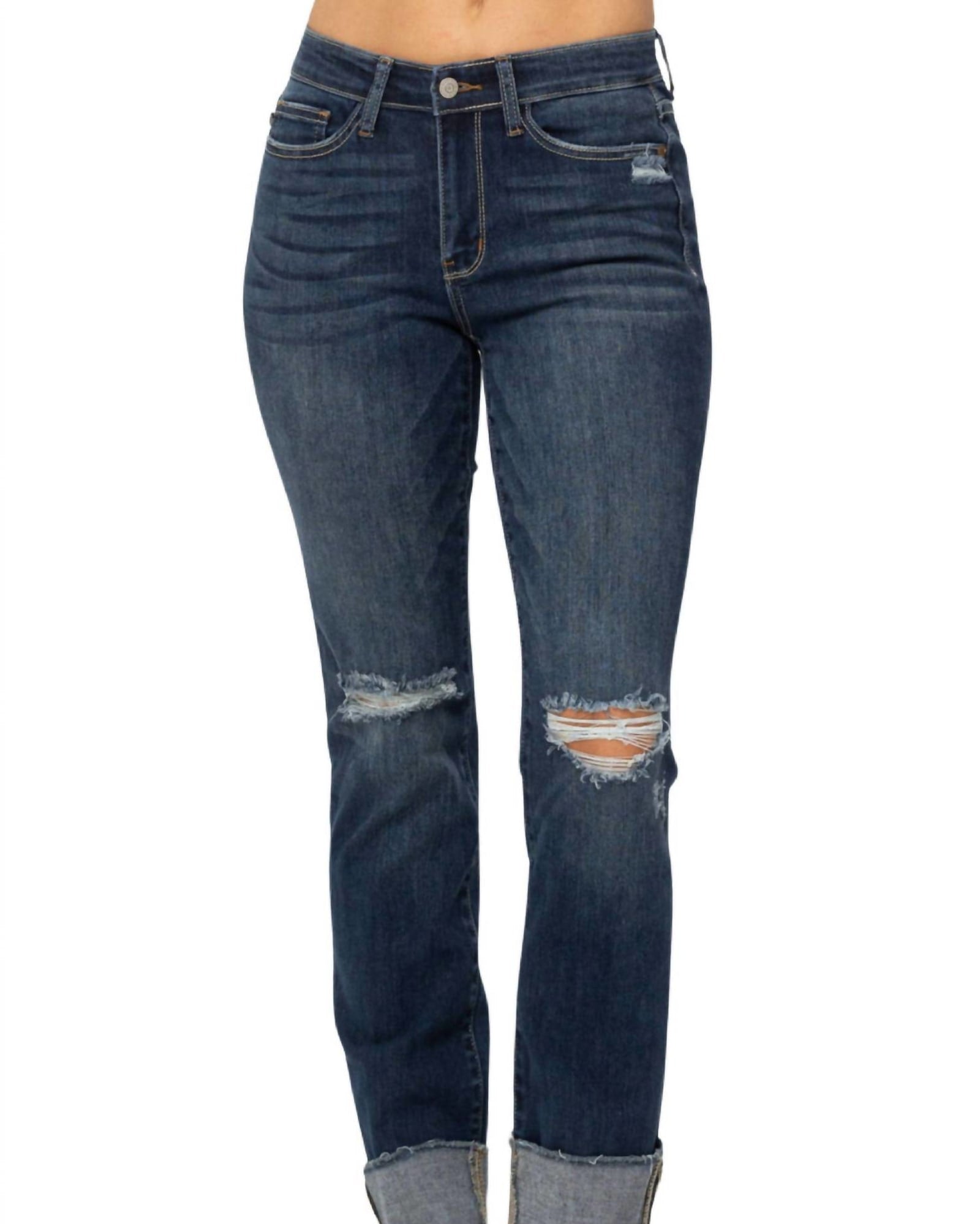 Destroyed Cuffed Straight Leg Jeans In Blue | Blue
