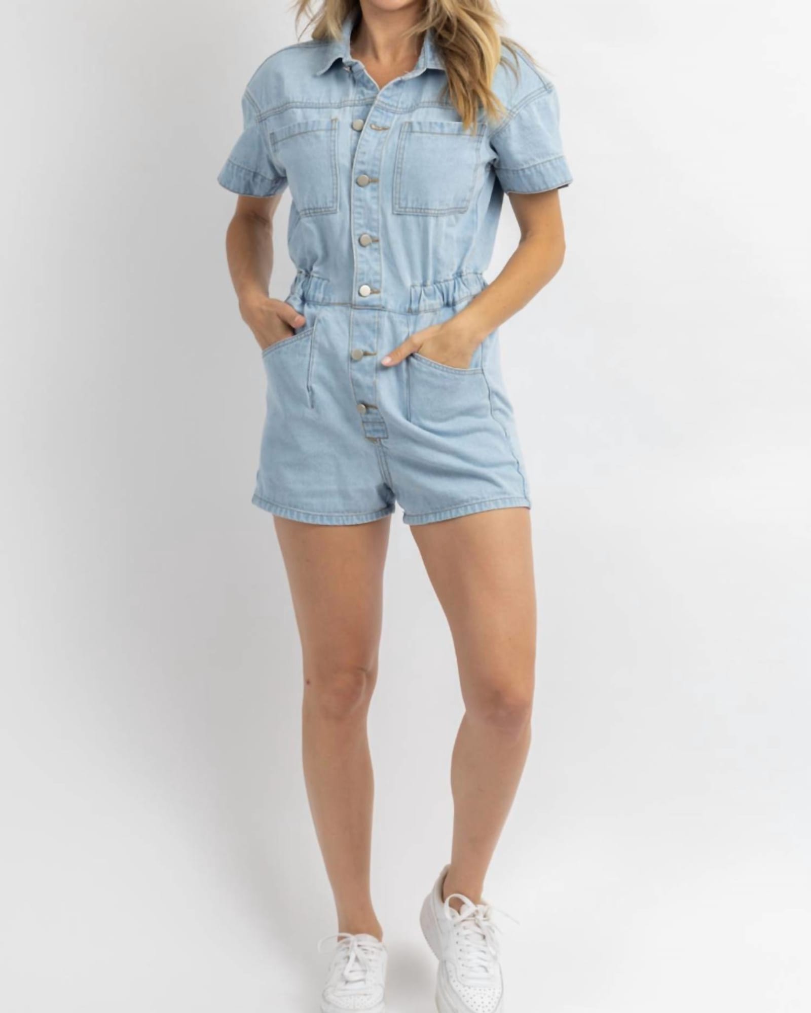 Button Front Romper In Washed Jean | Washed Jean