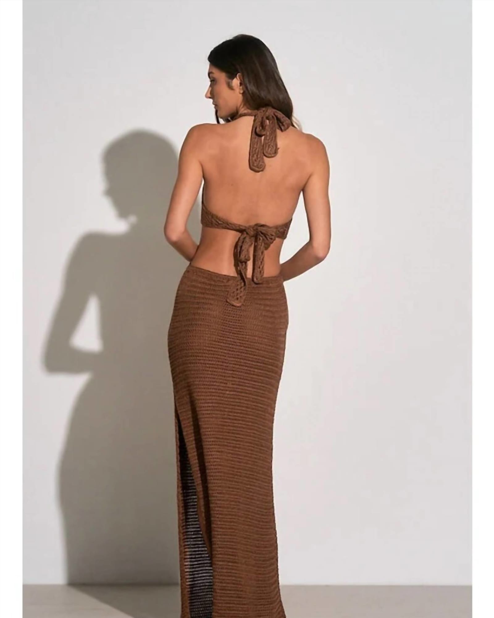Crochet Maxi Halter Cut Out Dress In Brown | Brown