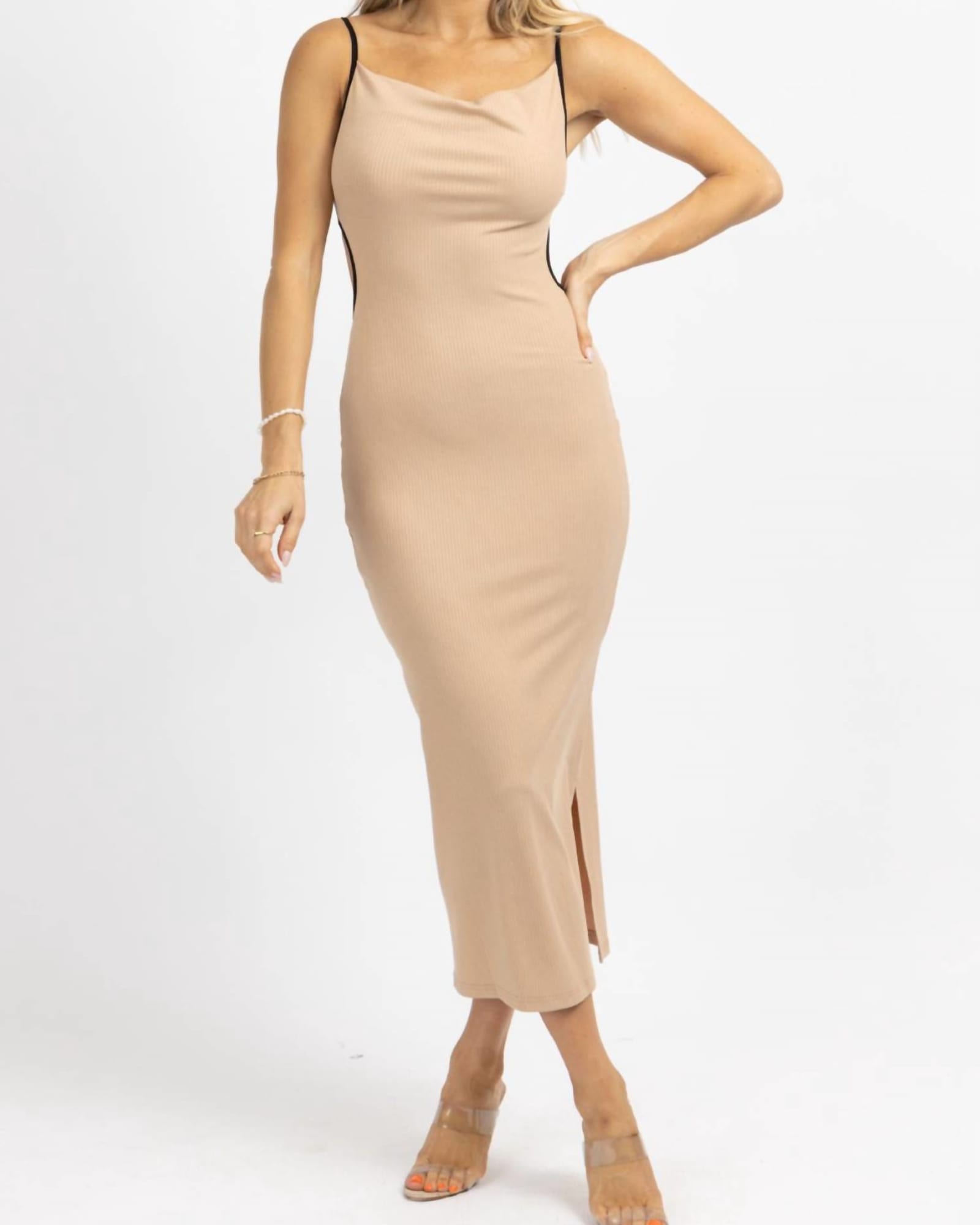 Contrast Ribbed Midi Dress In Taupe + Black | Taupe + Black