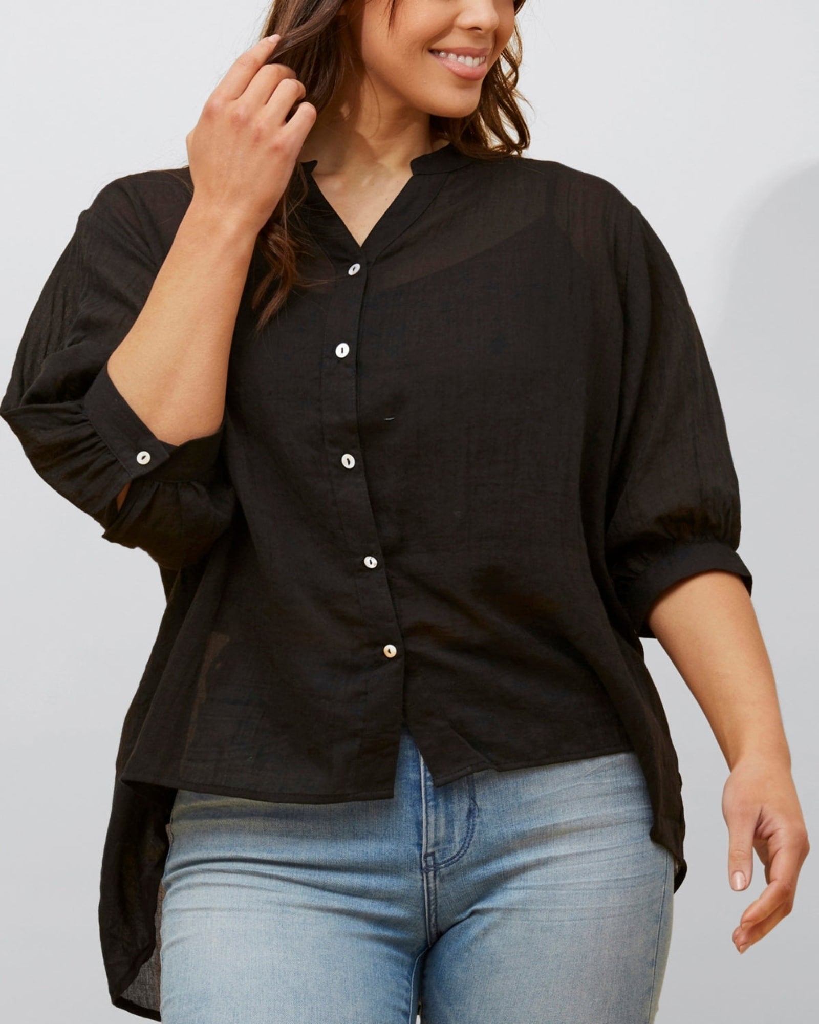 Roxanne Oversized Semi-Sheer Shirt Blouse Solid | Black