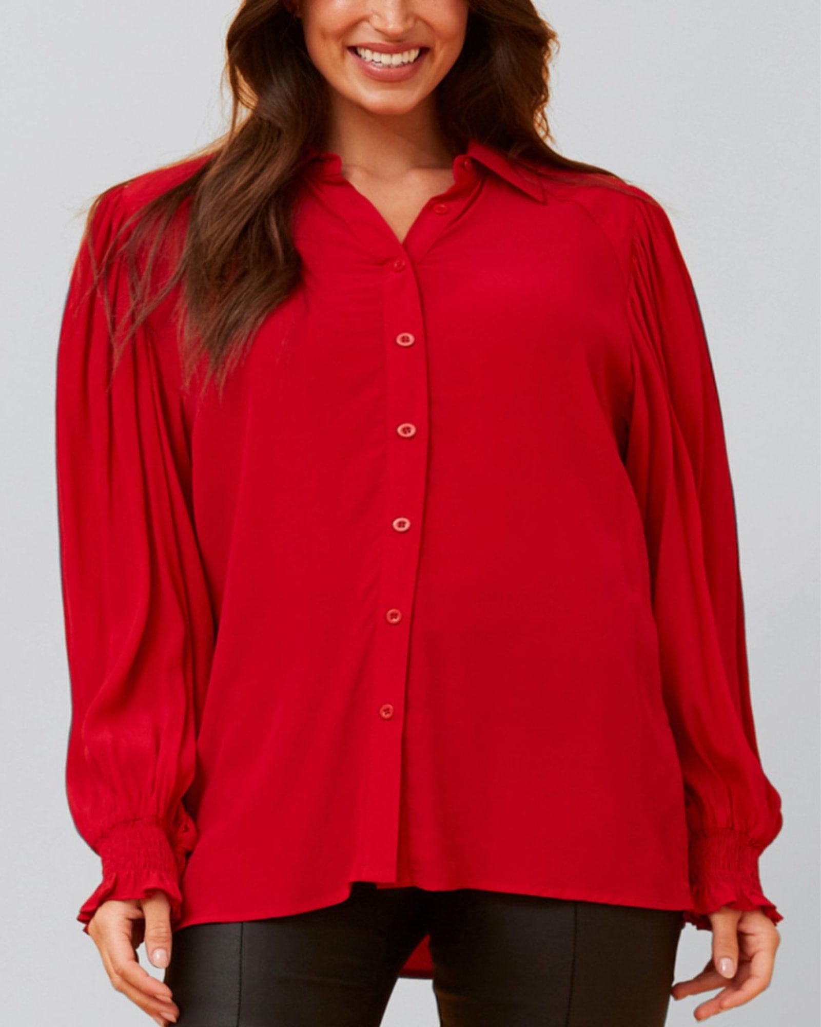 Cindy Shirt Long Puffy Fitted Sleeves Solid | Red