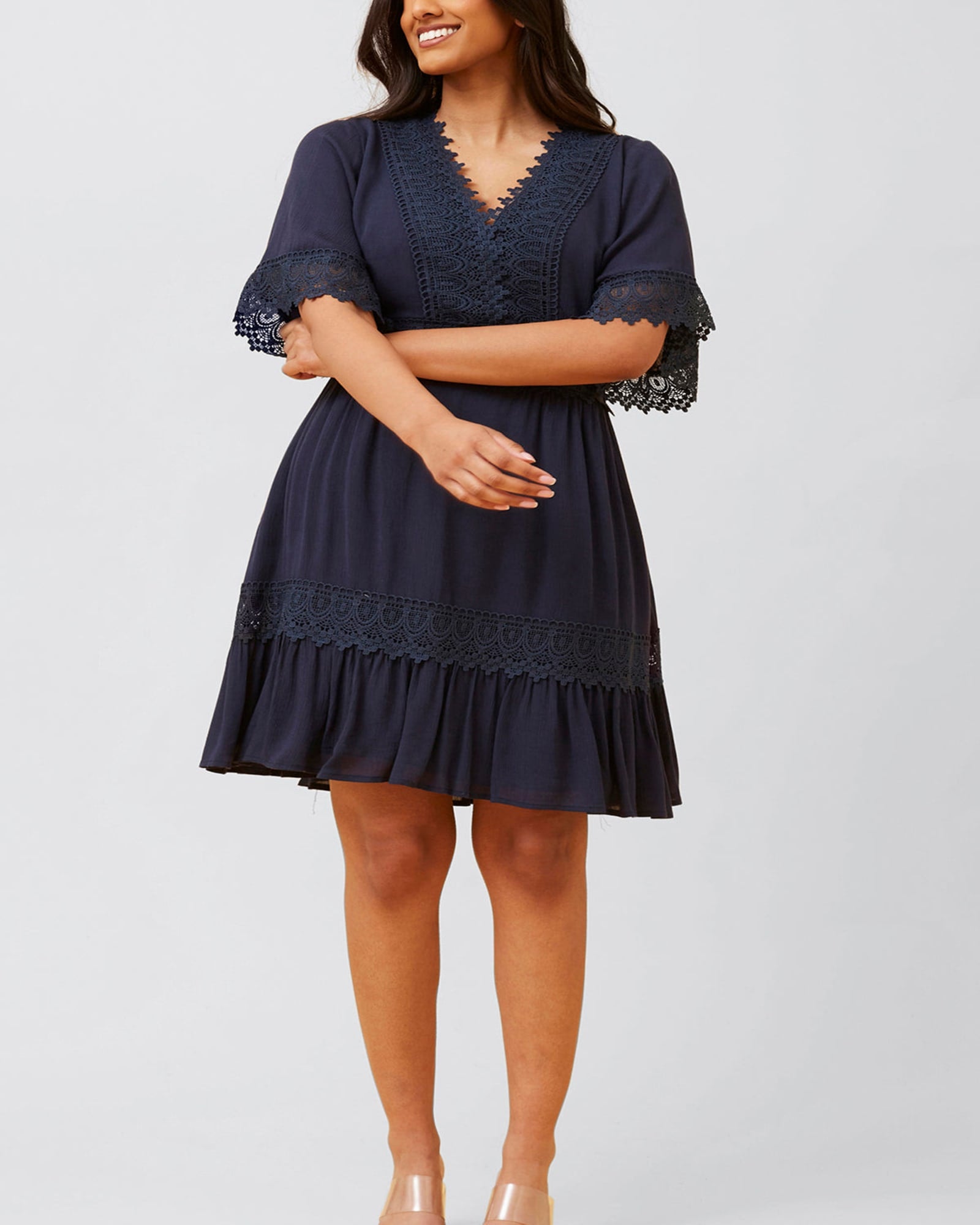 Paloma Short Dress Embroidered Details Solid | Navy