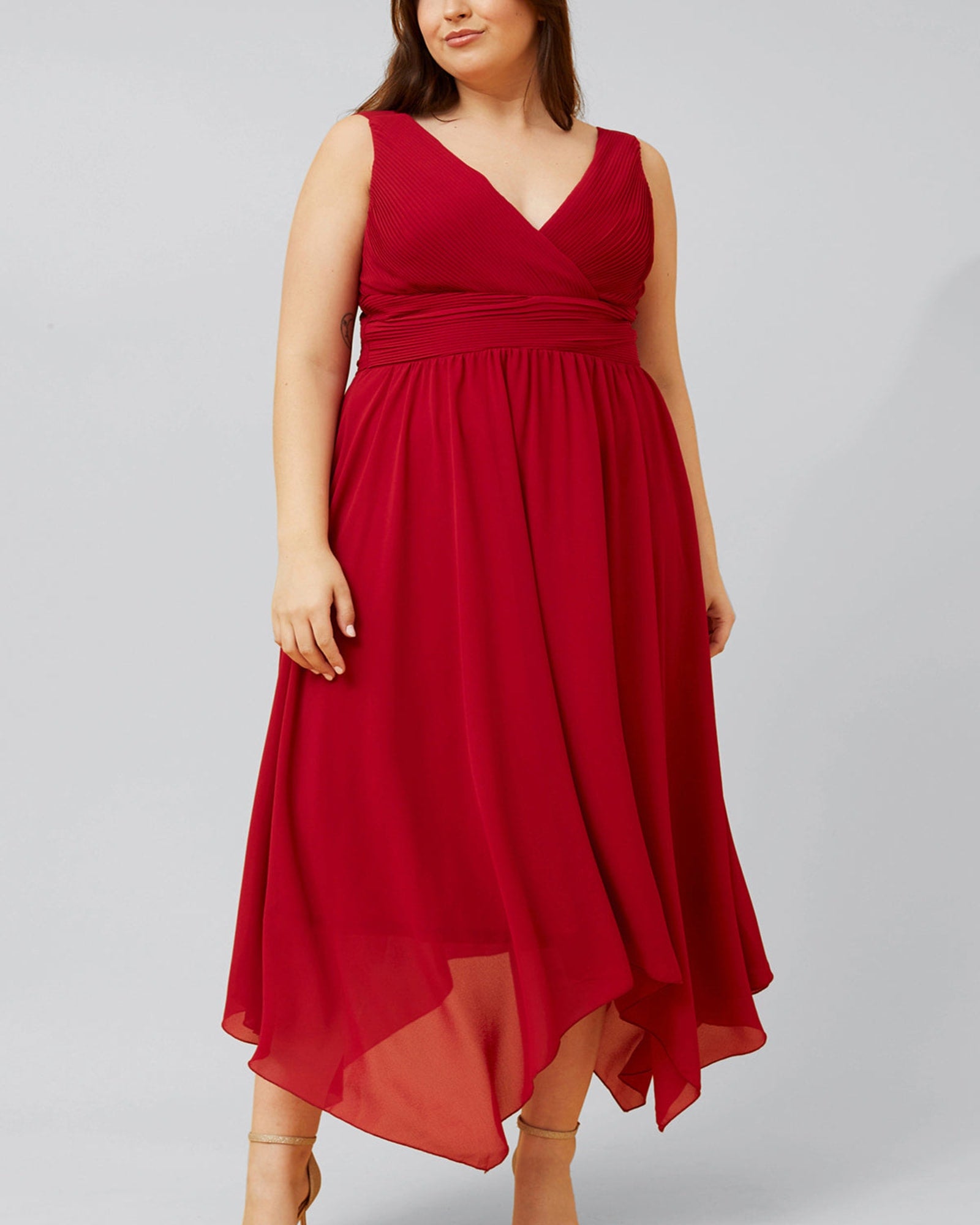 Scarlett Midi Dress Waisted Handkerchief Hem Red | Red