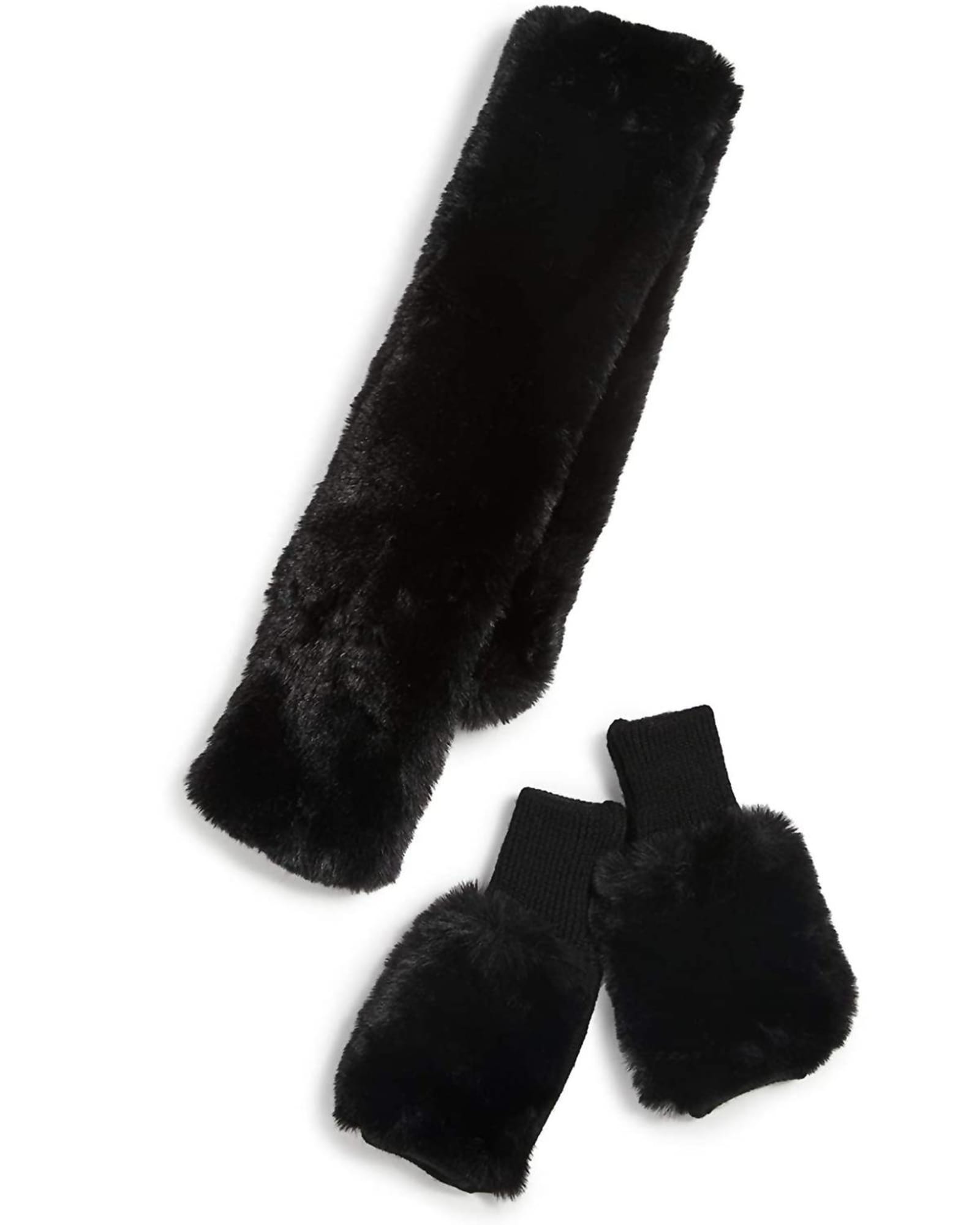 Faux Fur Pull Through Scarf And Mitten Set In Black | Black