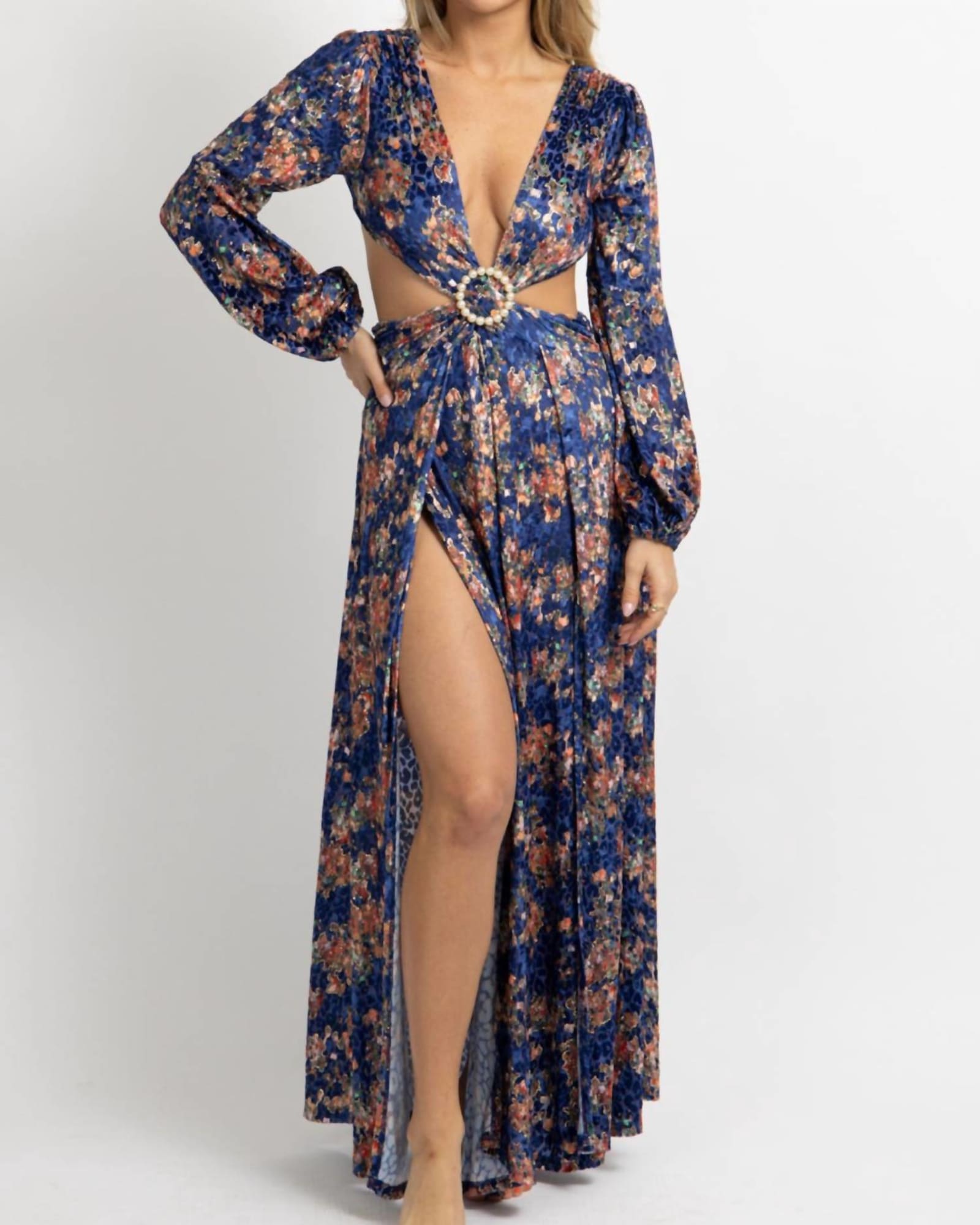 Floral Velvet Slit Maxi Dress In Royal Blue | Royal Blue