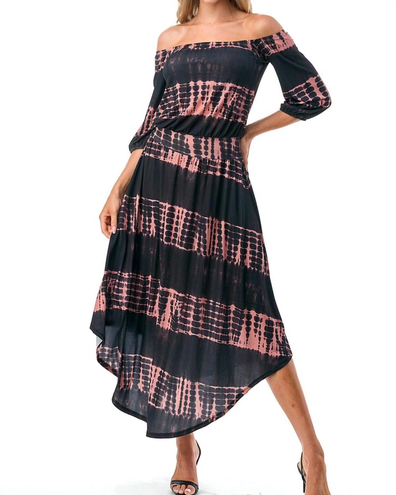 Frances Off Shoulder Dress In Black Rust Tye Dye | Black Rust Tye Dye