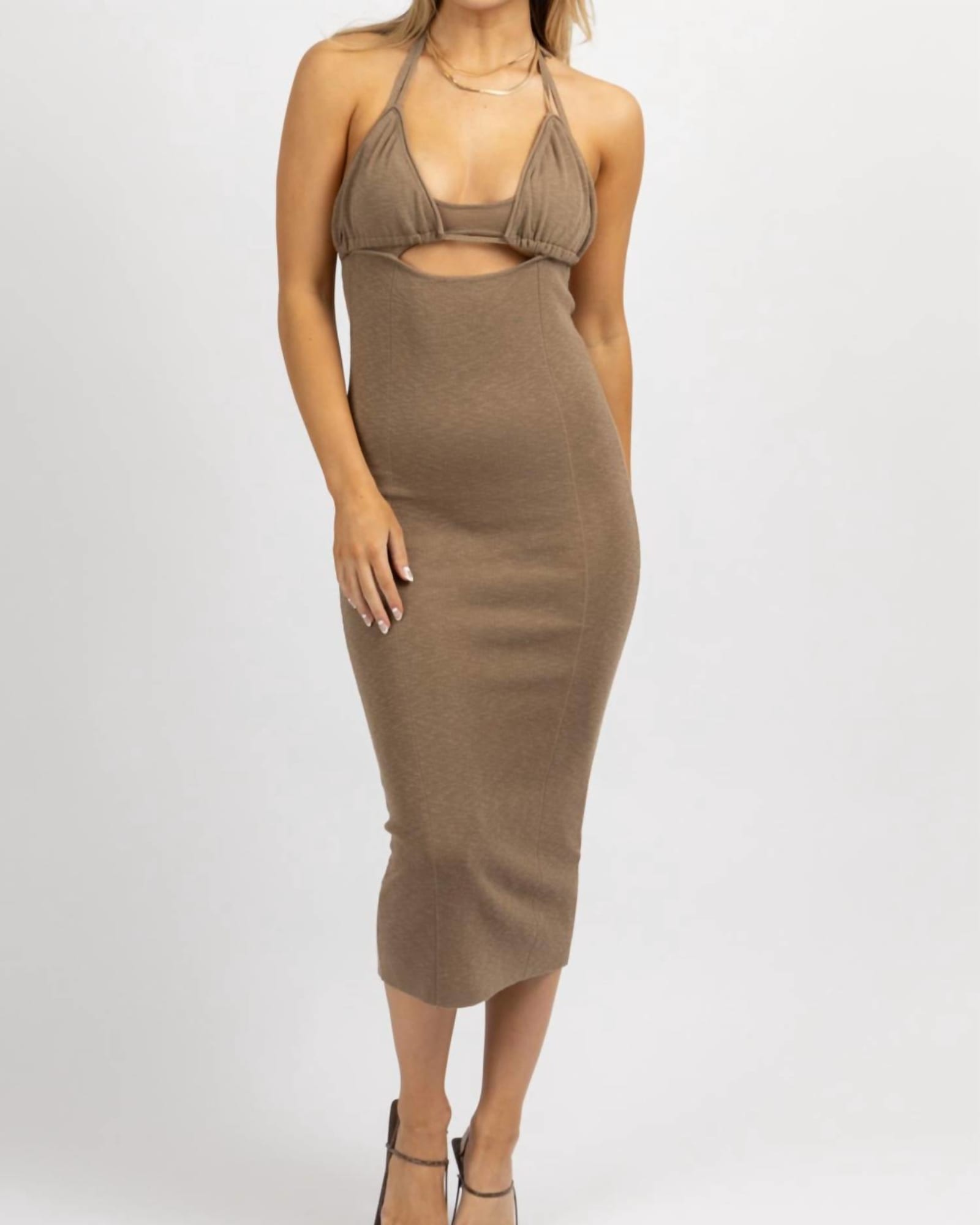 Halterneck Triangle Midi Dress In Mocha | Mocha