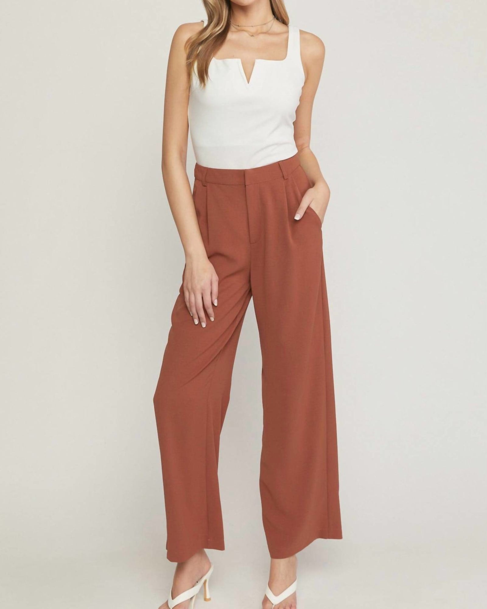 High Waisted Full Leg Pants With Pockets In Brown | Brown
