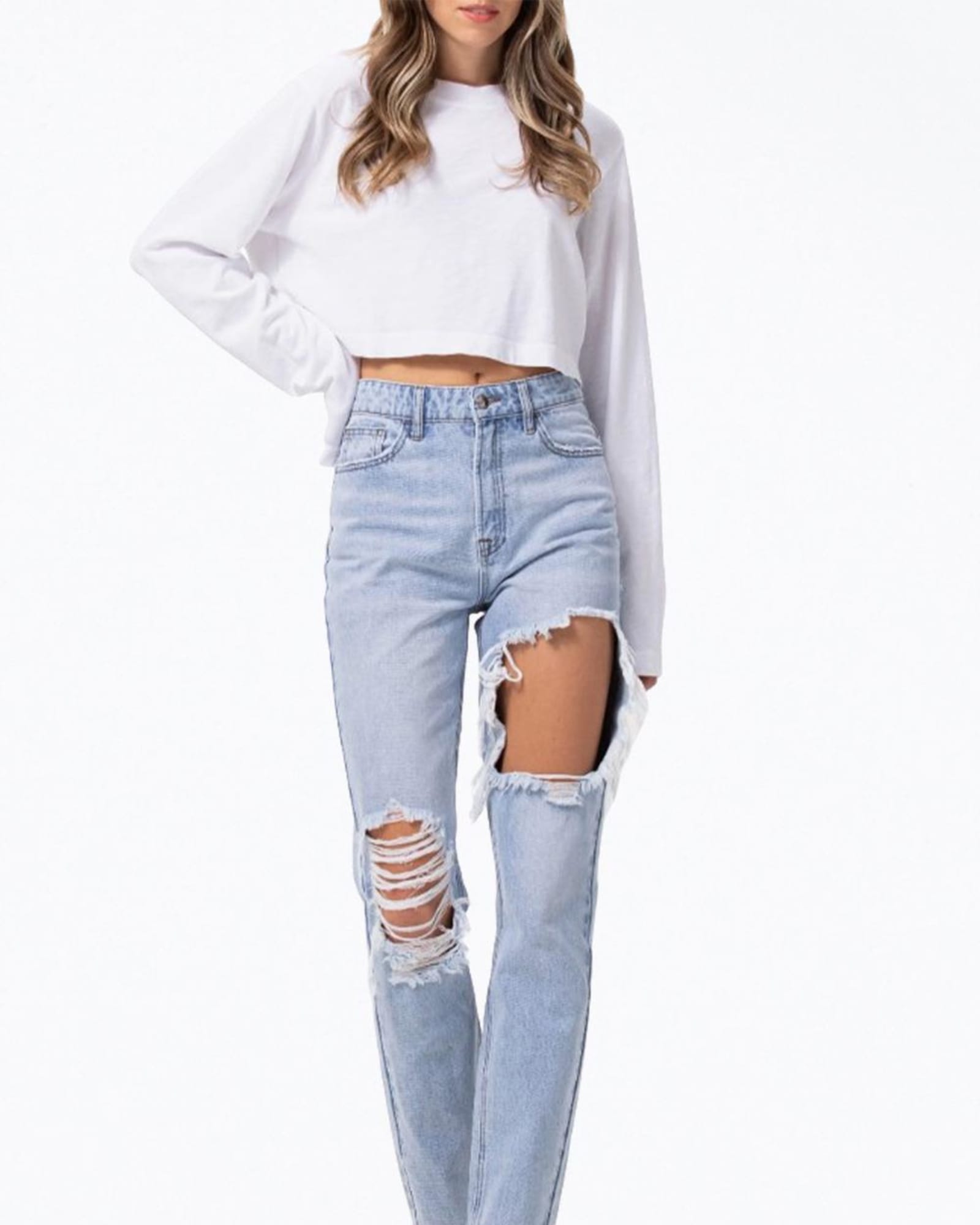 High-Rise Distressed Tapered Jeans In Light Blue | Light Blue