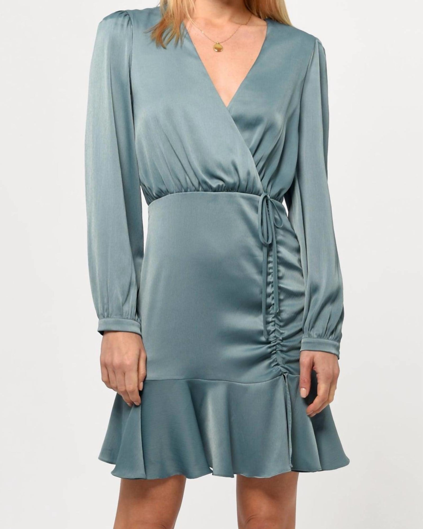 Joanne Ruched Satin Dress In Misty Blue | Misty Blue