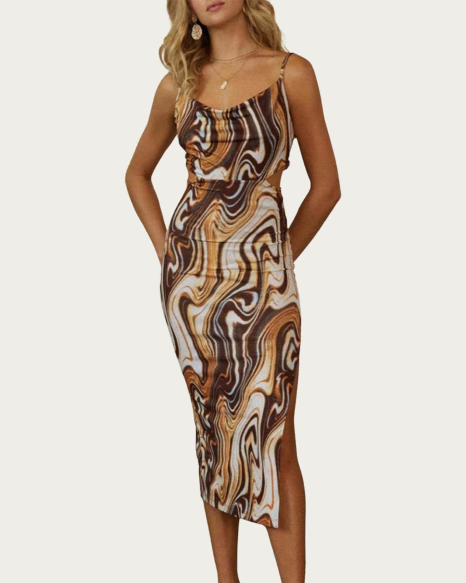 Marble-Print Cowl Stretch-Jersey Cutout Midi Dress In Rust/Brown | Rust/Brown