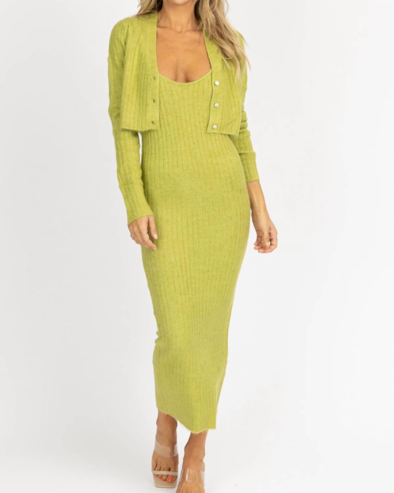 Knit Cardi + Maxi Dress Set In Green | Green