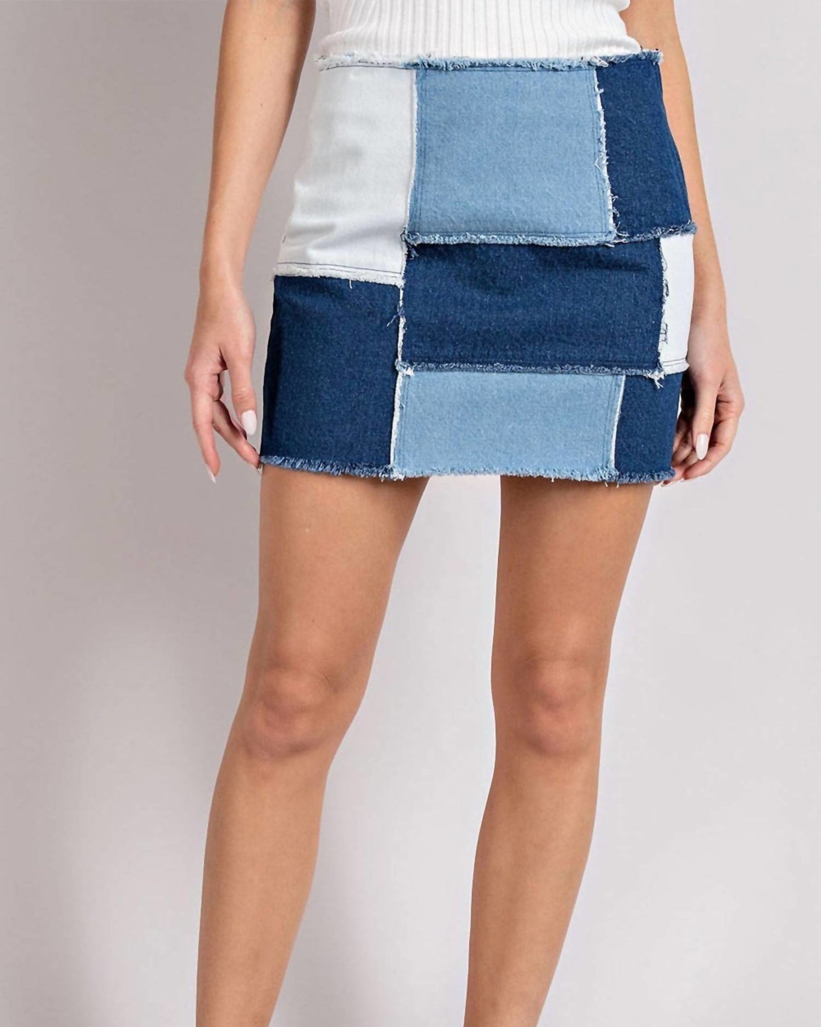 Retro Patchwork Color Block Mini Skirt In Mineral Washed Denim | Mineral Washed Denim