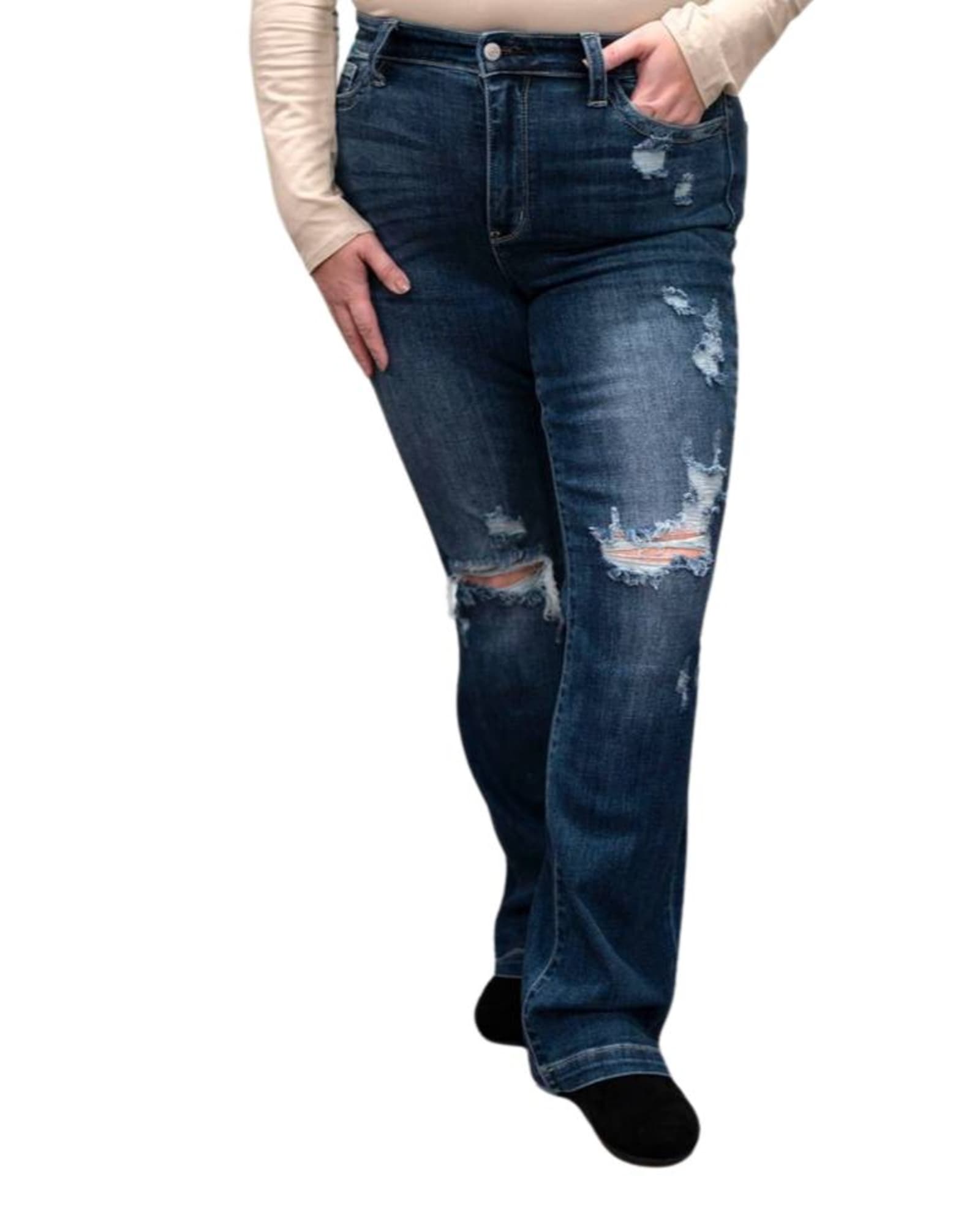 Mid Rise Hand Sanded & Destroyed Bootcut Jean In Blue | Blue
