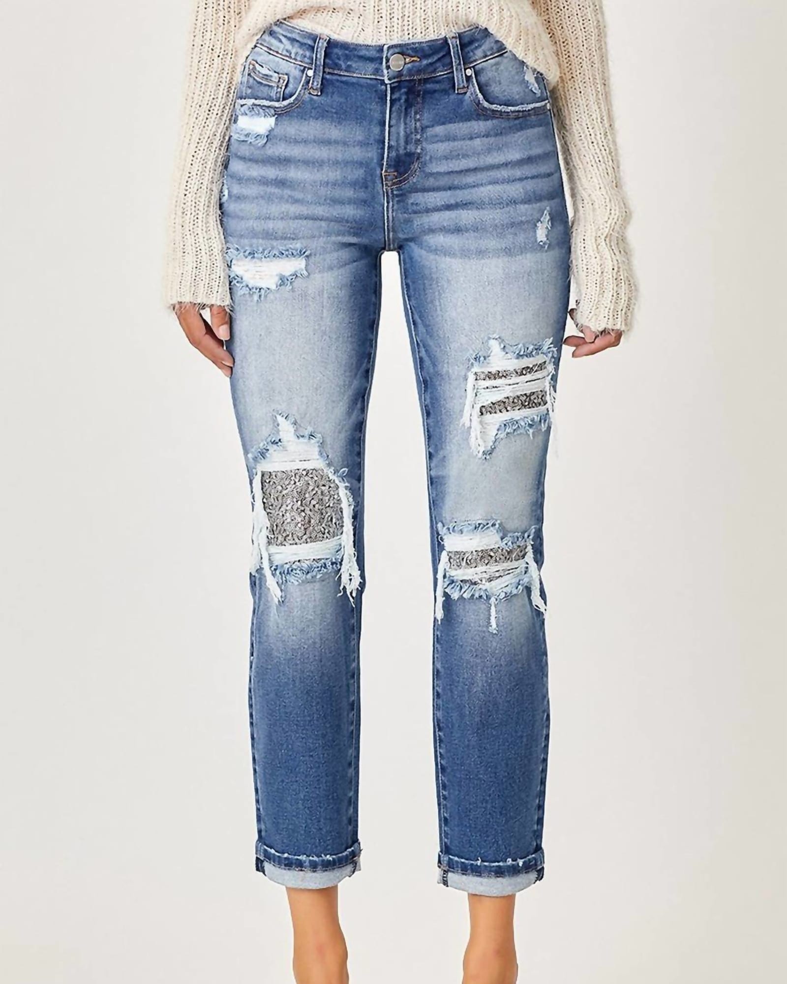 Mid-Rise Sequins Patched Jeans In Medium Wash | Medium Wash