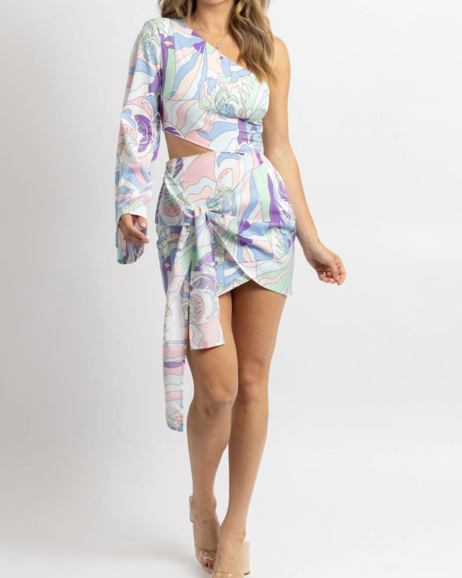One Sleeved Side-Tie Mini Dress In Pastel Print | Pastel Print