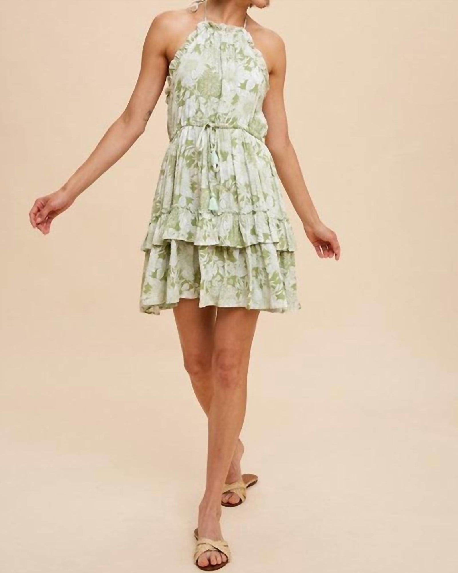 Natalia Tiered Floral Halter Dress In Green | Green