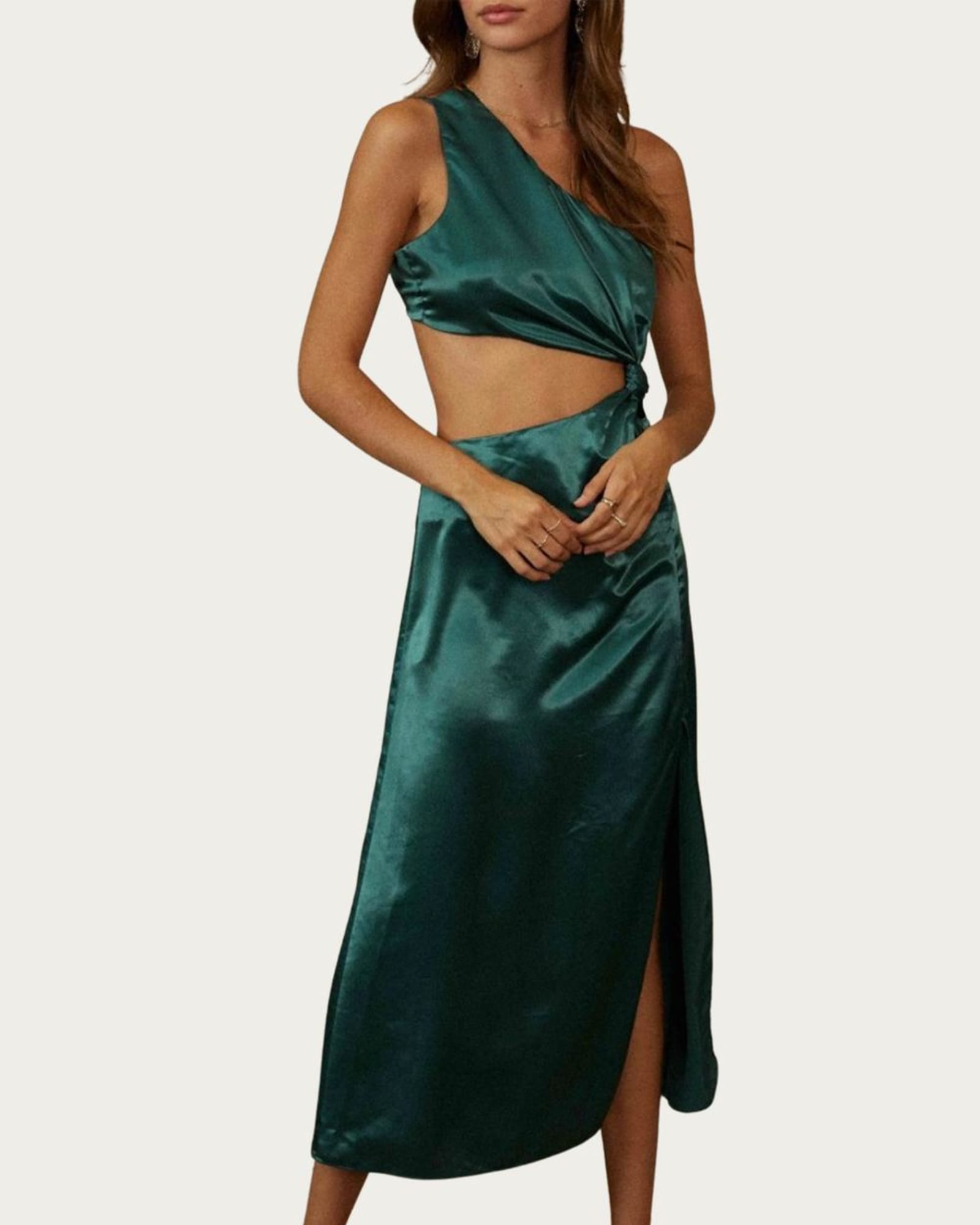 One-Shoulder Satin Cutout Midi Dress In Jewel Green | Jewel Green