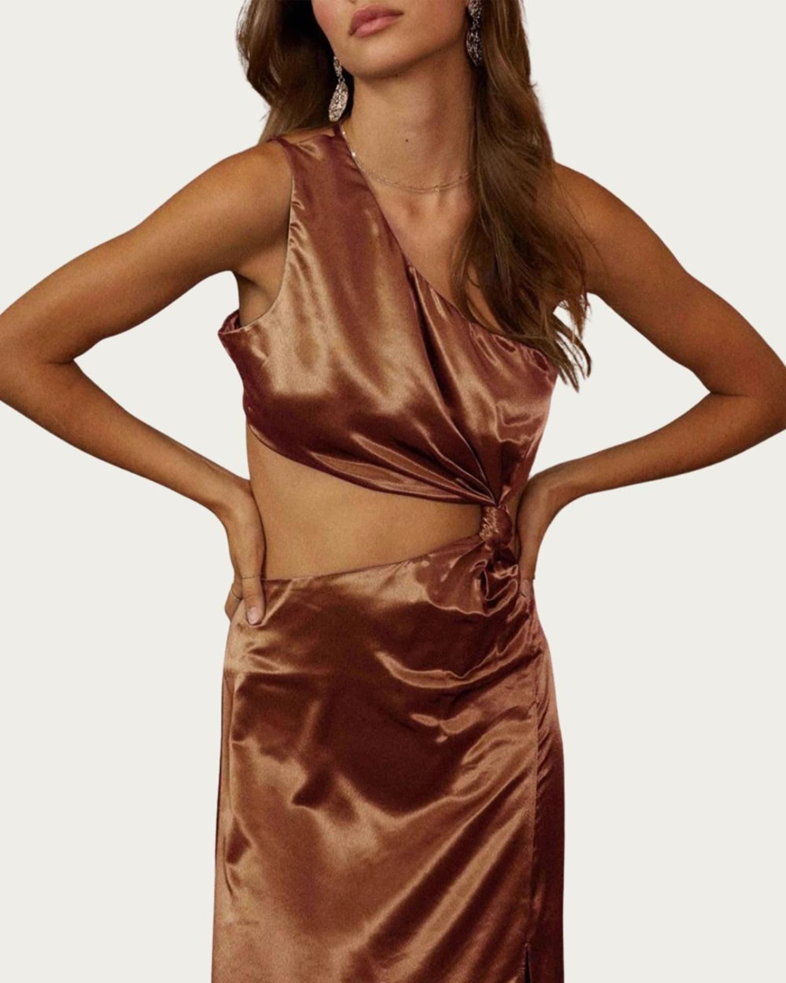 One-Shoulder Satin Cutout Midi Dress In Bronze | Bronze