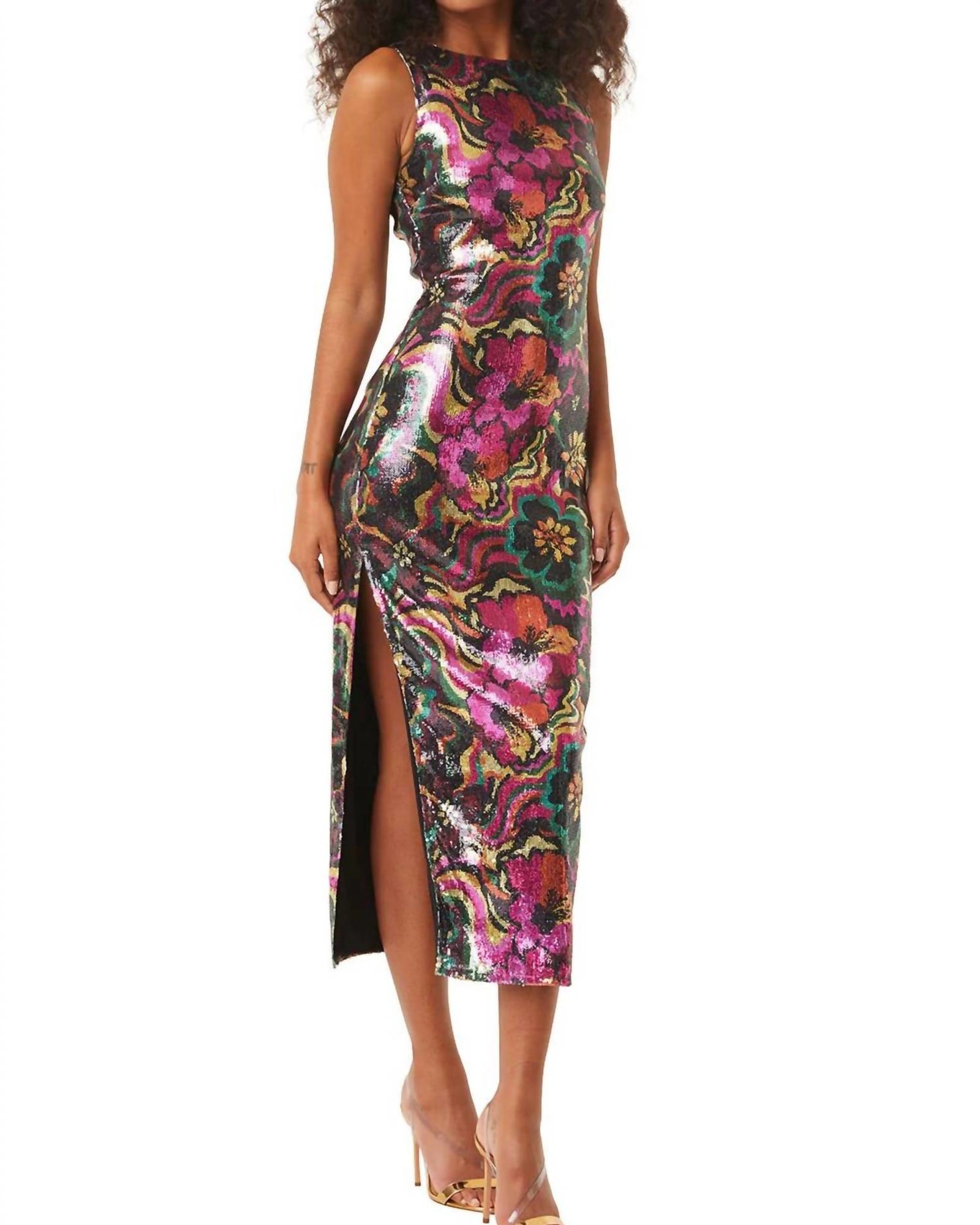 Nakia Sleeveless Sequin Midi Dress In Flora Groove Print | Flora Groove Print