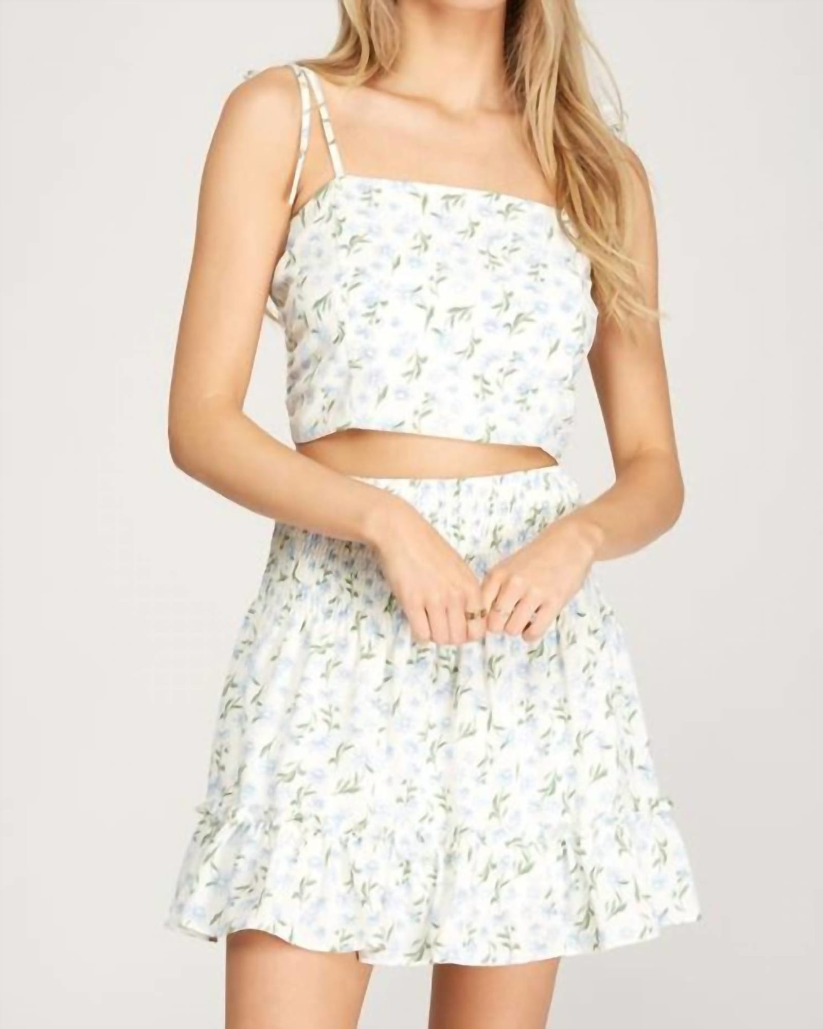 Smocked Waist Floral Skirt In White Blue And Green | White Blue And Green