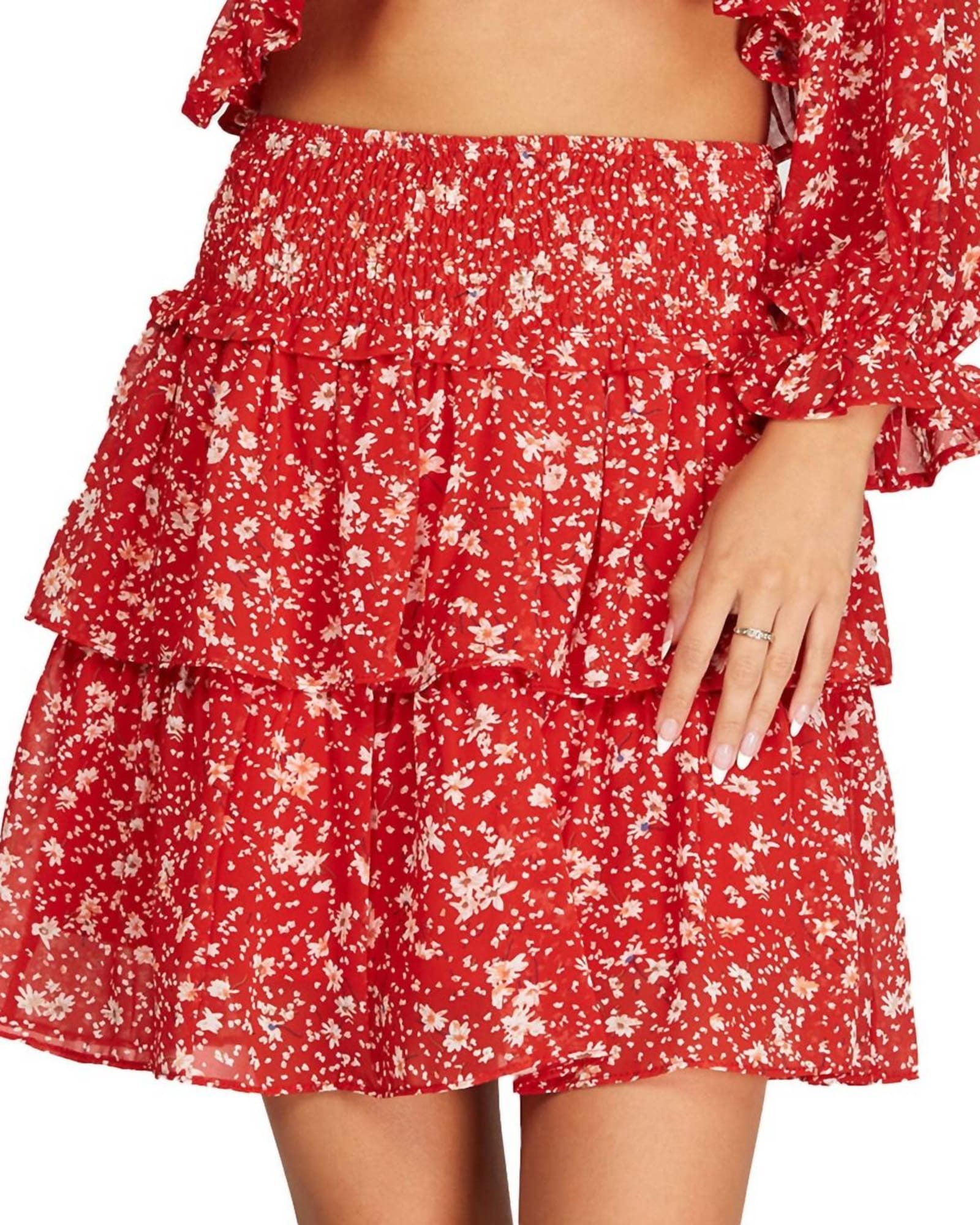 Smocked Waist Floral Skirt In Red | Red