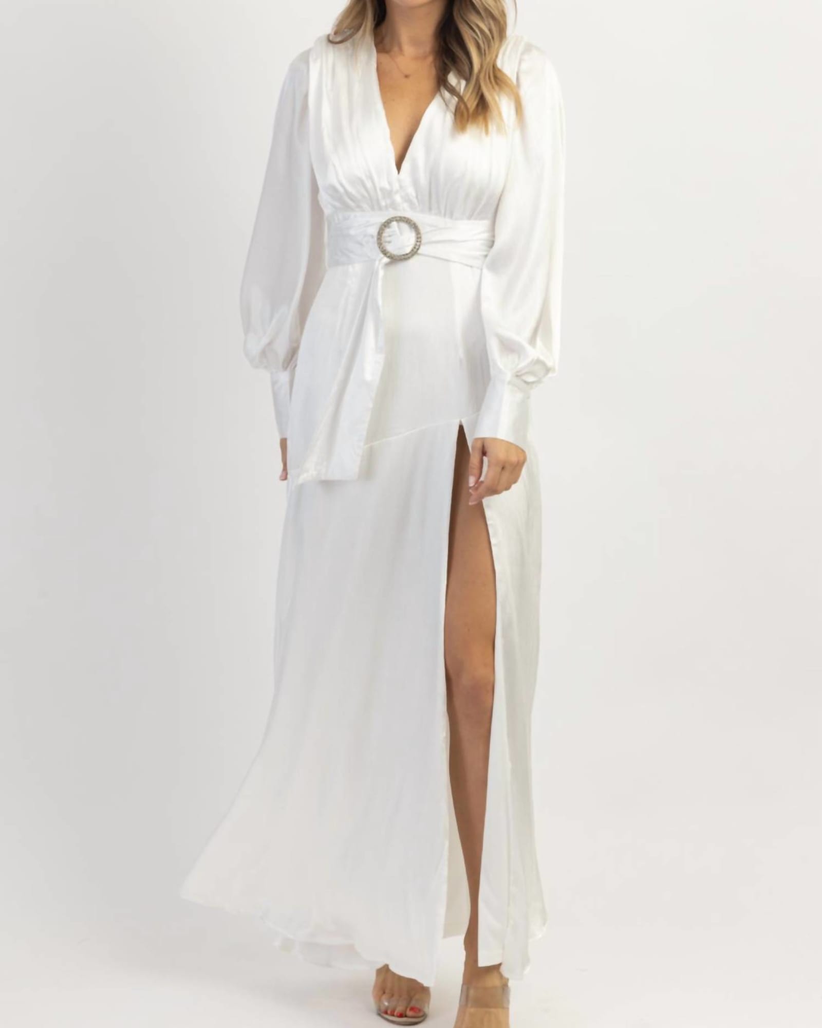 Shea Silky Side Slit Maxi Gown In White | White