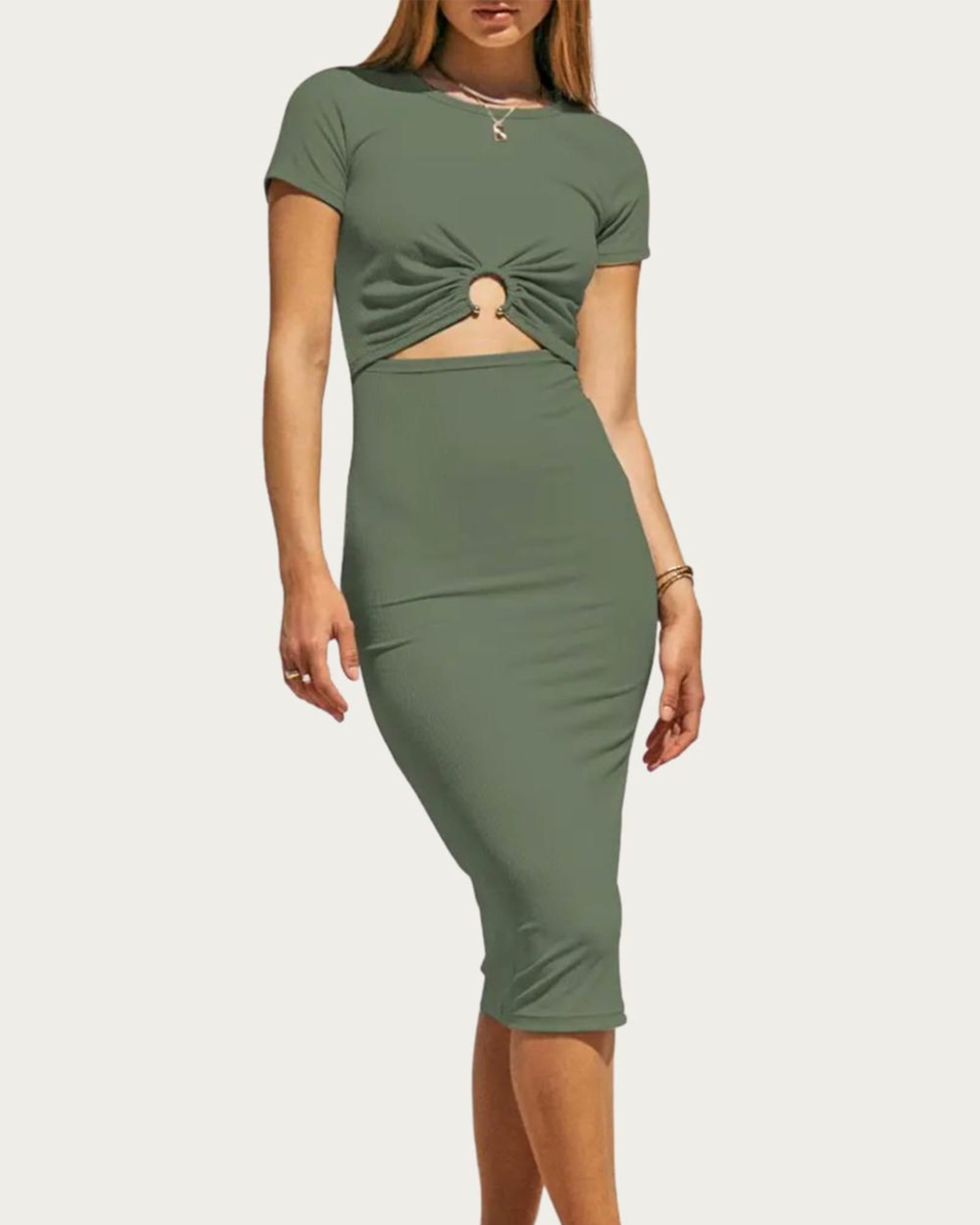 Short Sleeve Solid Rib Midi Dress In Moss Green | Moss Green