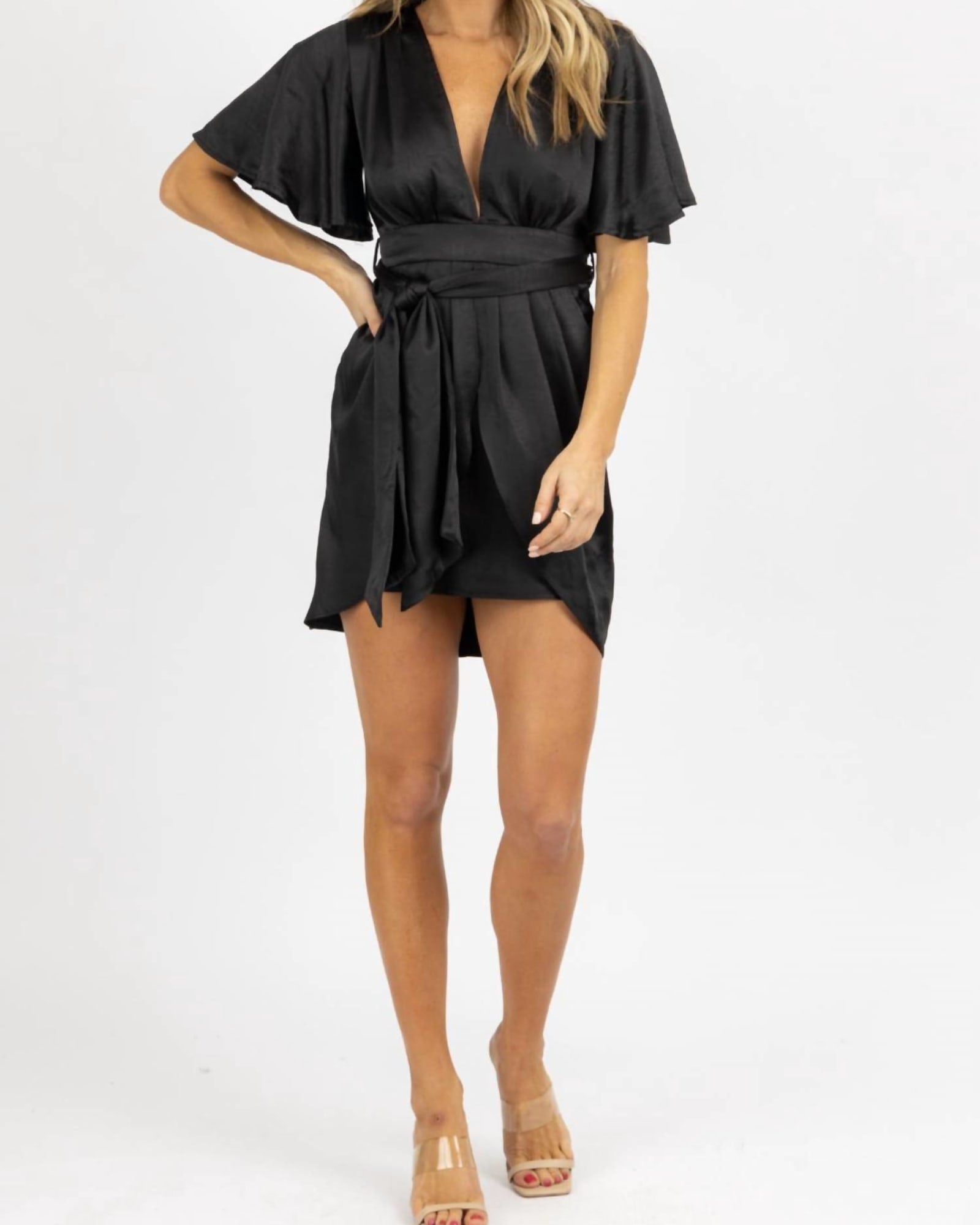 Satin Dolman Sleeve Mini Dress In Black | Black