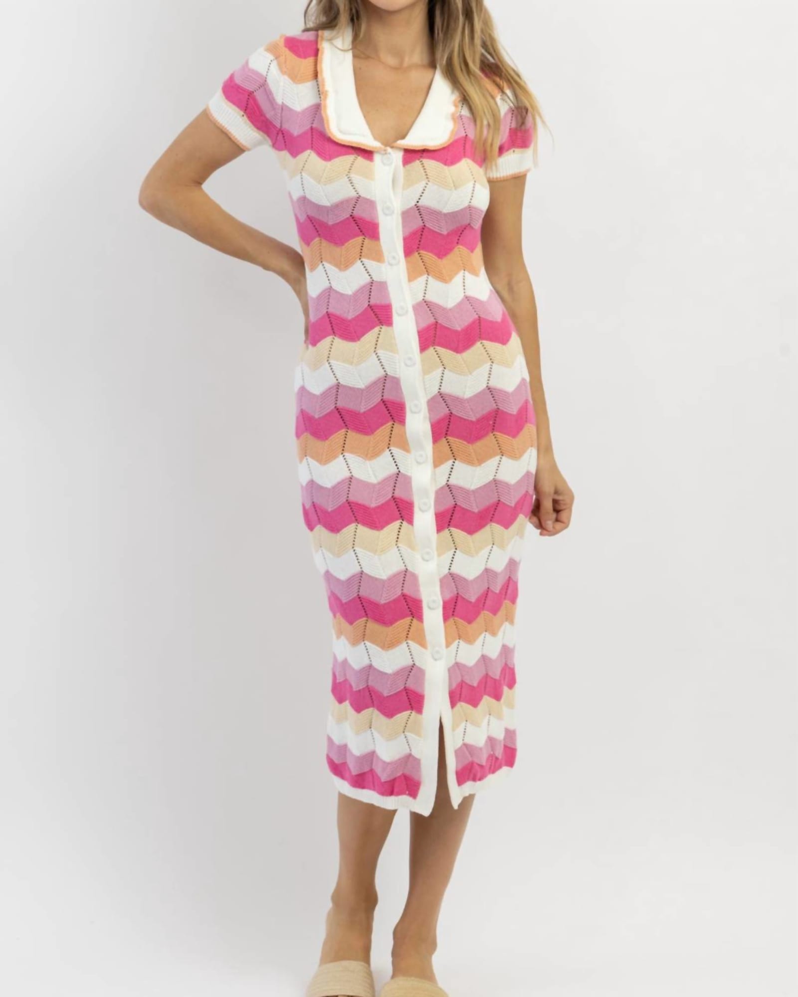Stripe Crochet Midi Dress In Siesta Pink | Siesta Pink