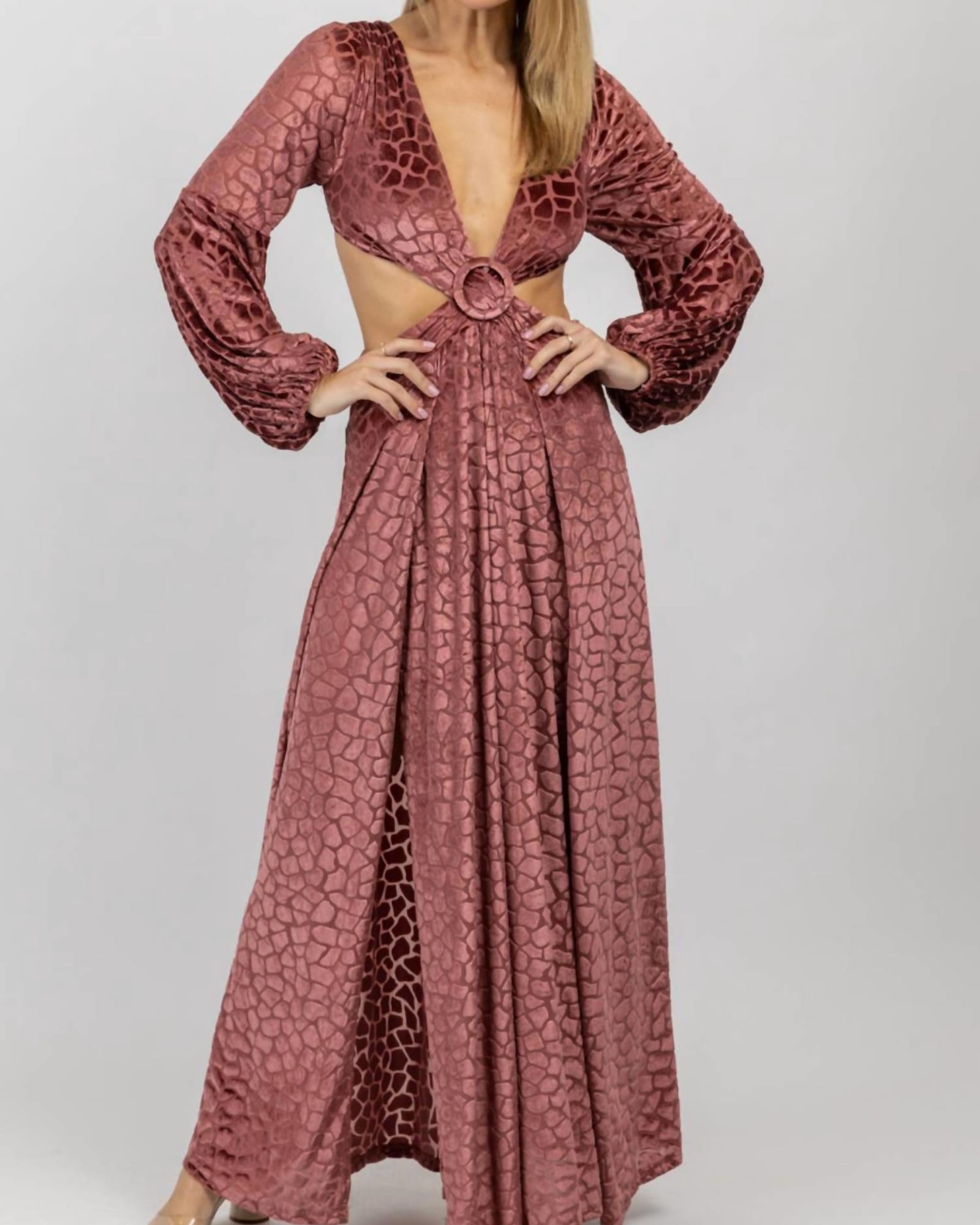 Spotted Velvet Maxi Slit Dress In Mauve | Mauve