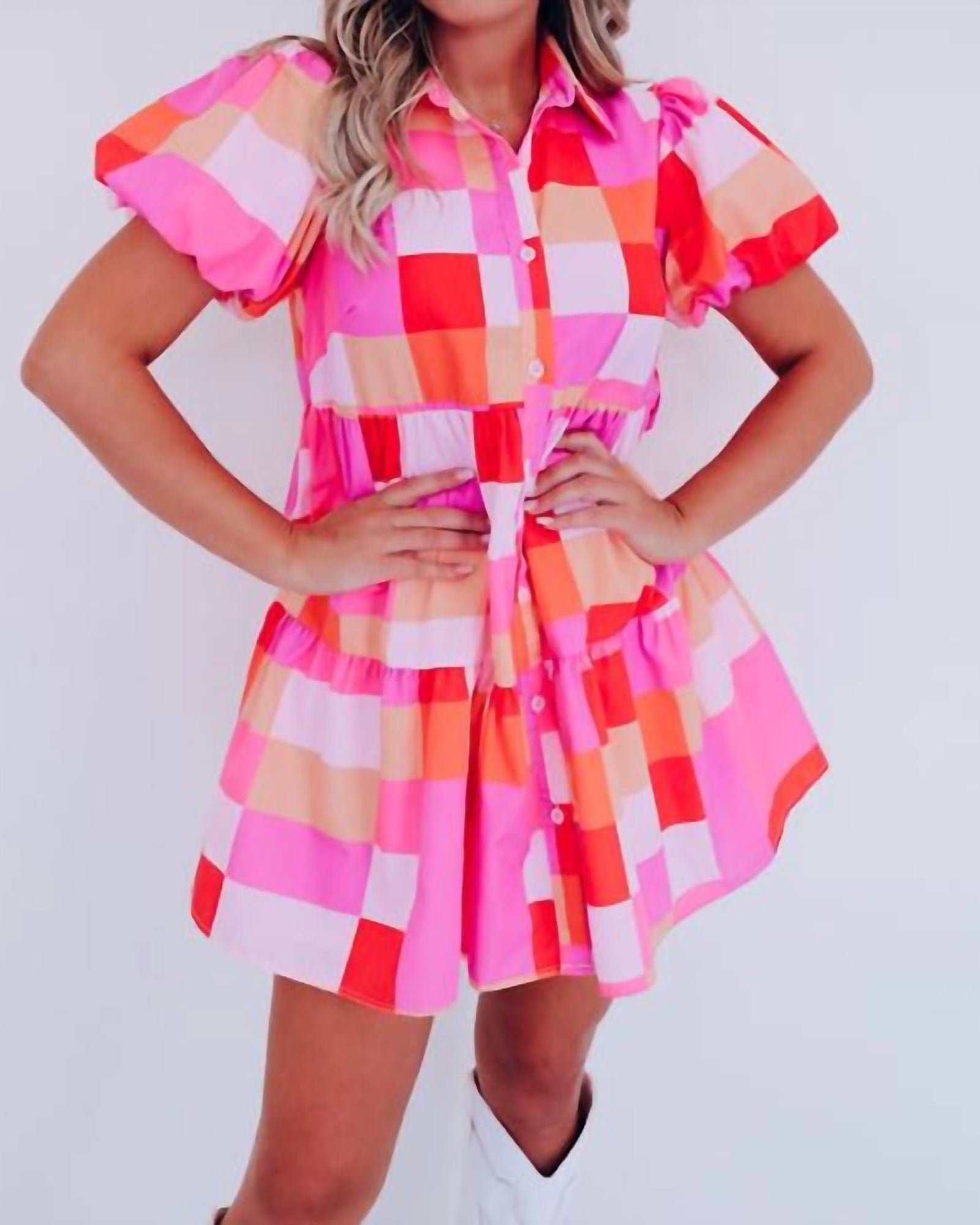 The Dizzy Lizzy Bright Checkerboard Mini Dress In Pink Multi | Pink Multi