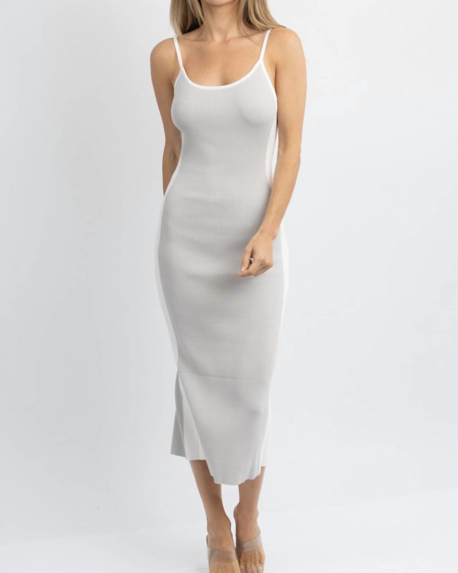 Whipped Knit Contrast Midi Dress In Grey + Ivory | Grey + Ivory