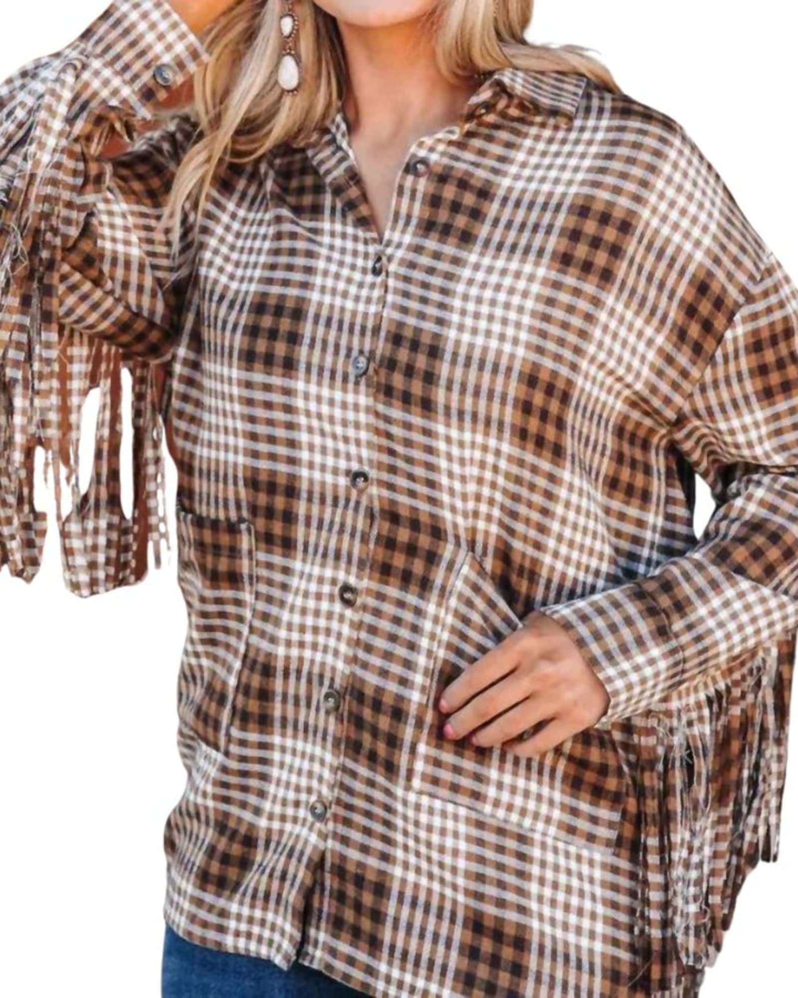 Woodland Escape Long Sleeve Flannel Top in Brown Plaid & Fringe | Brown Plaid & Fringe
