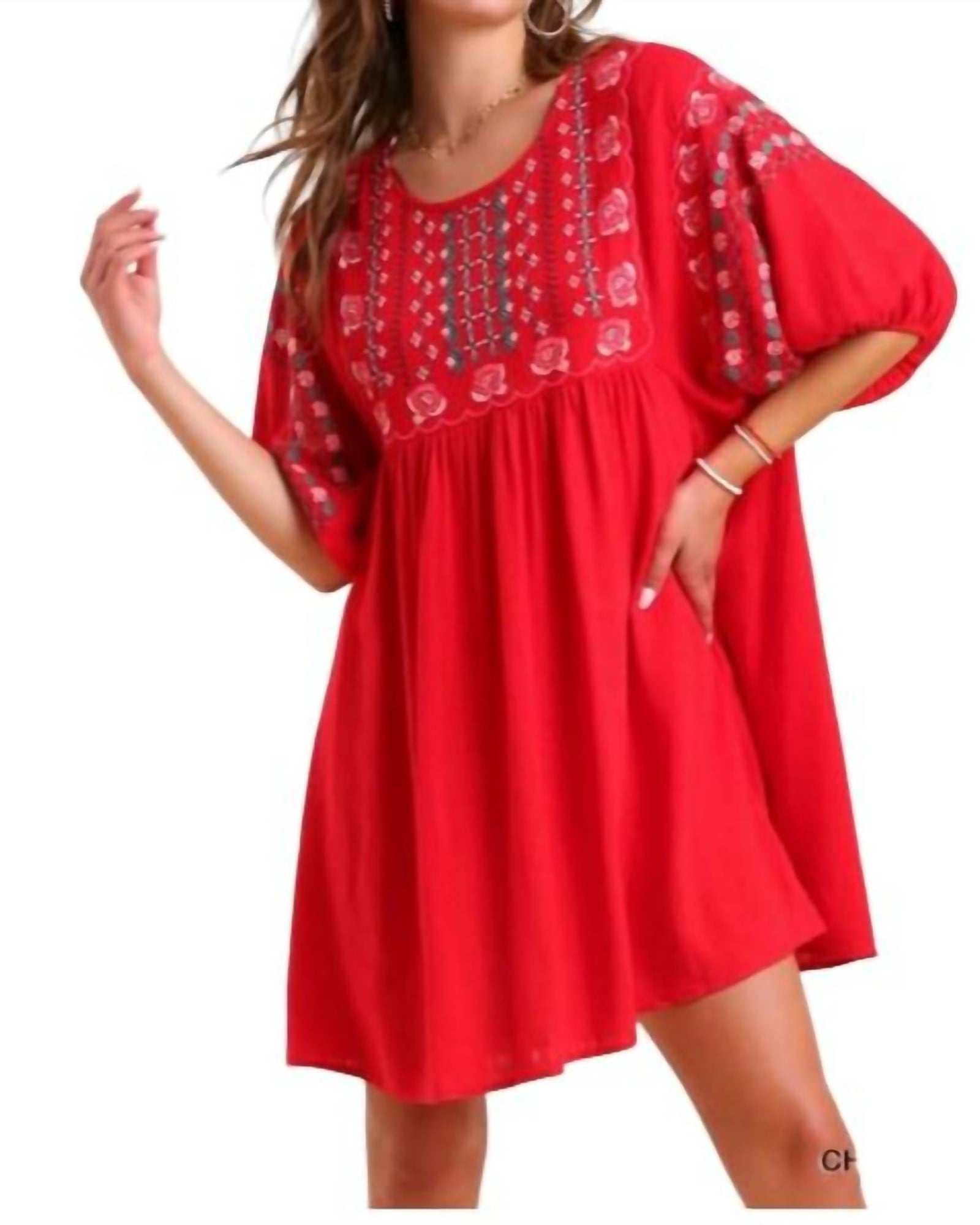 Floral Embroidered Dress in Cherry Red | Cherry Red
