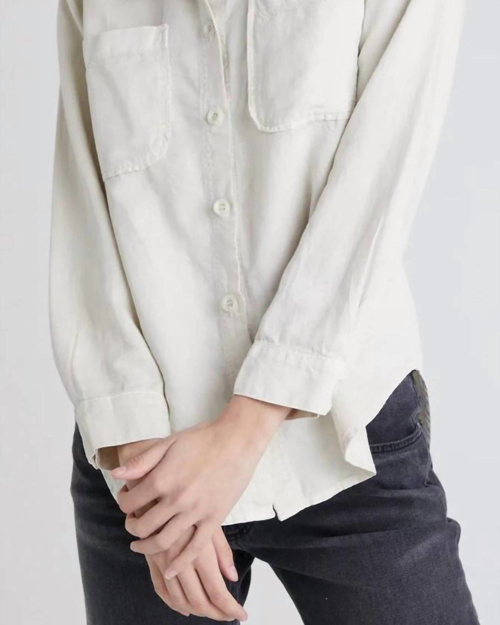 Go West Long Sleeve Two Pocket Oversized Shirt in White | White