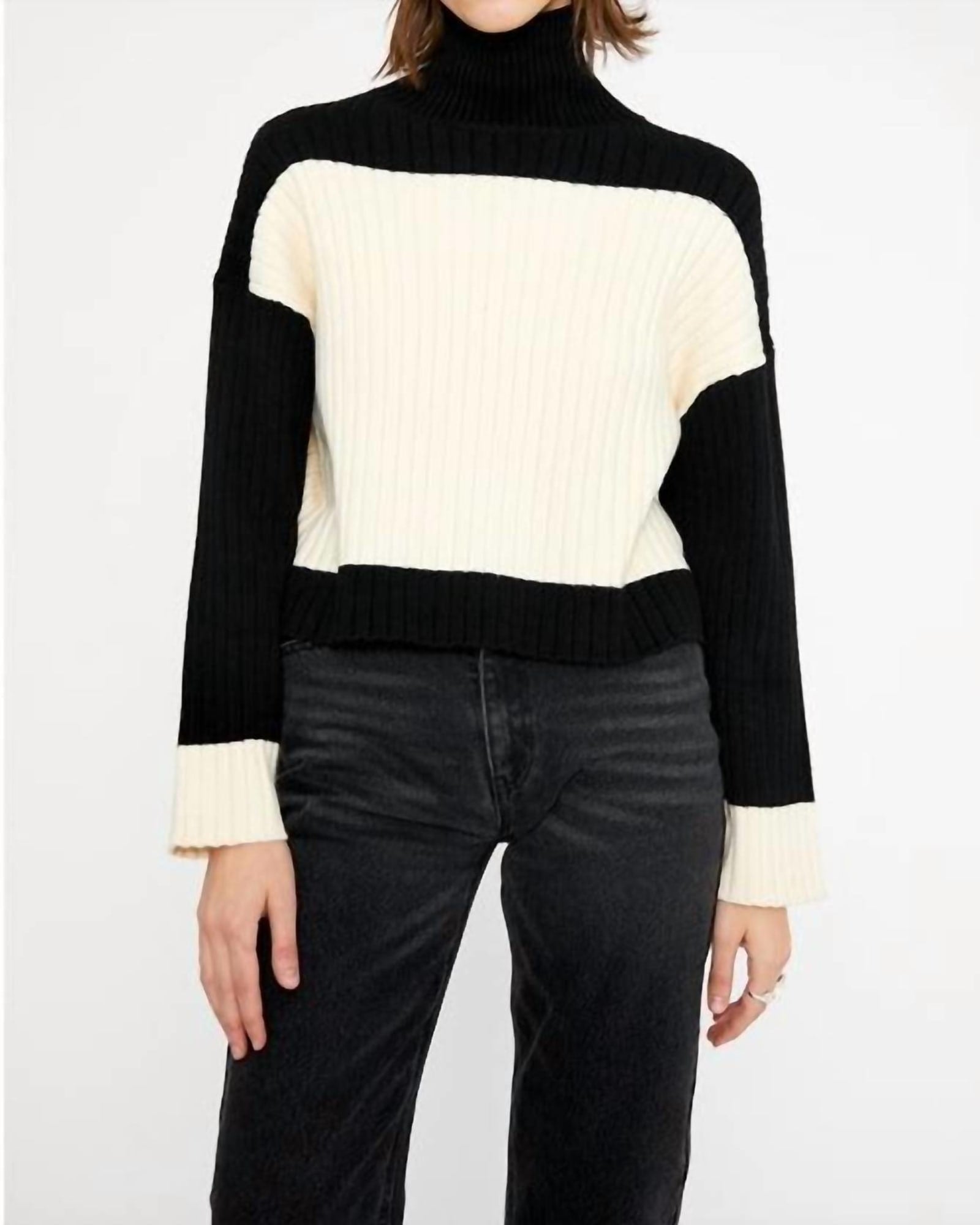 Ribbed High Neck Sweater in Two Tone Black | Two Tone Black