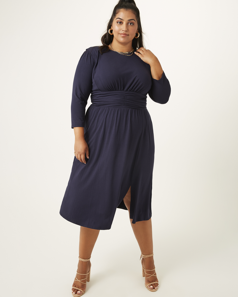 Kayla Plus Size Ruched Jersey Midi Dress | Navy
