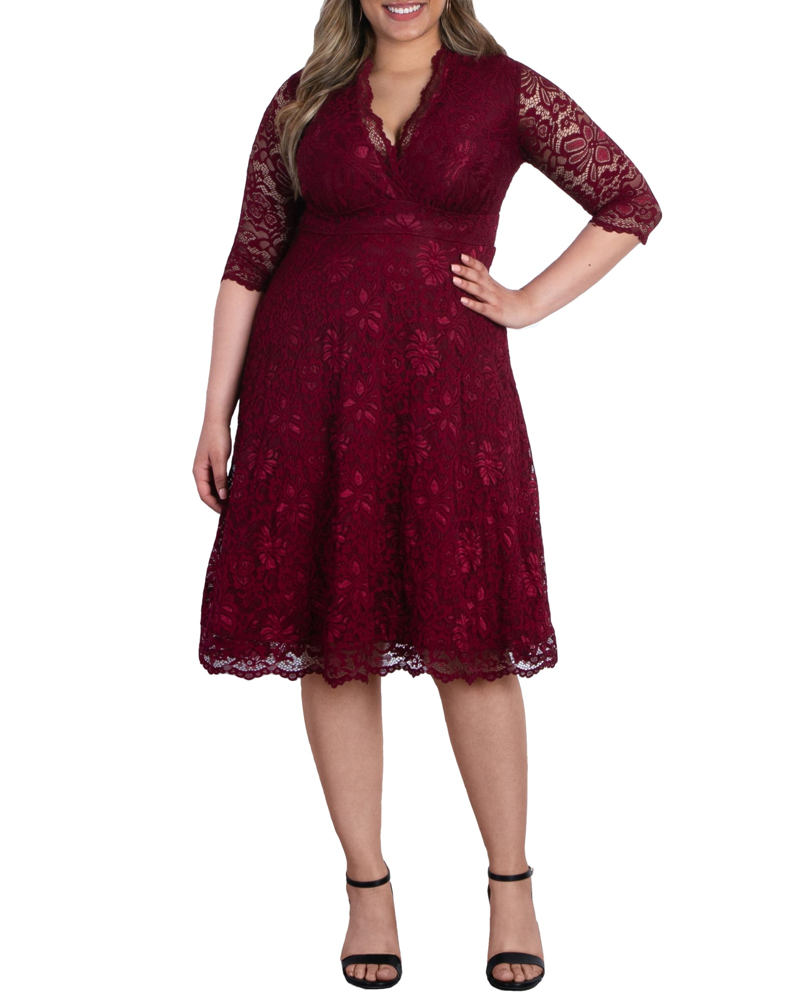 Plus Size V Neck Three Quarter Sleeves Dress