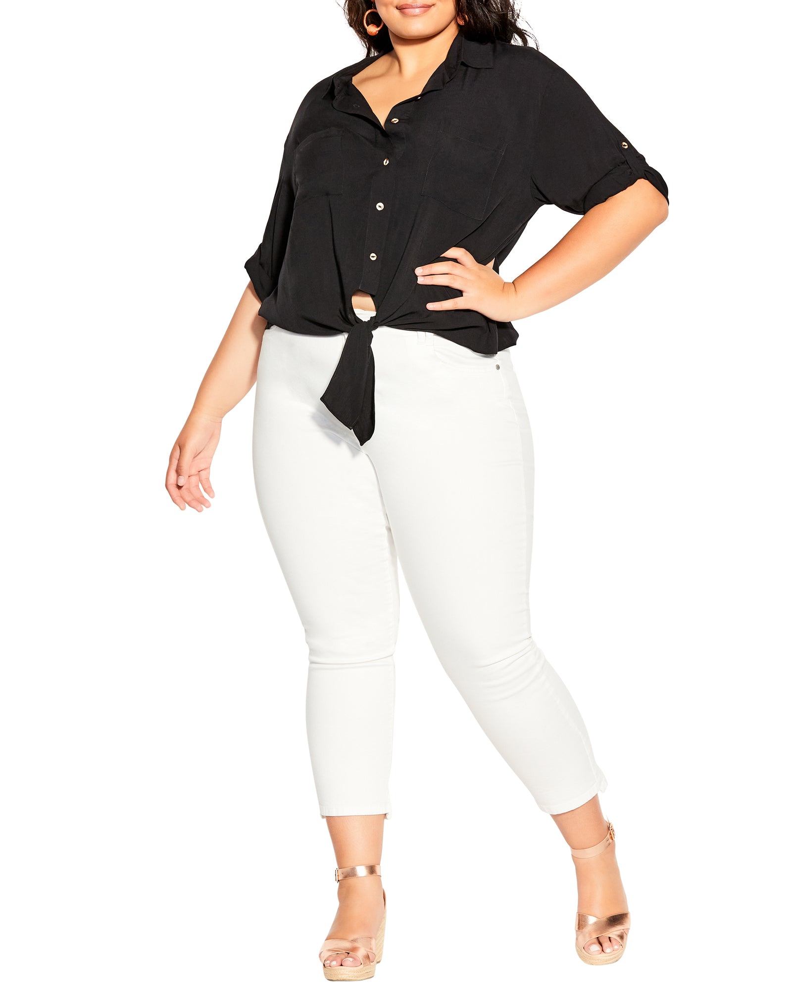 Black Tie Front Top For Curvy Women