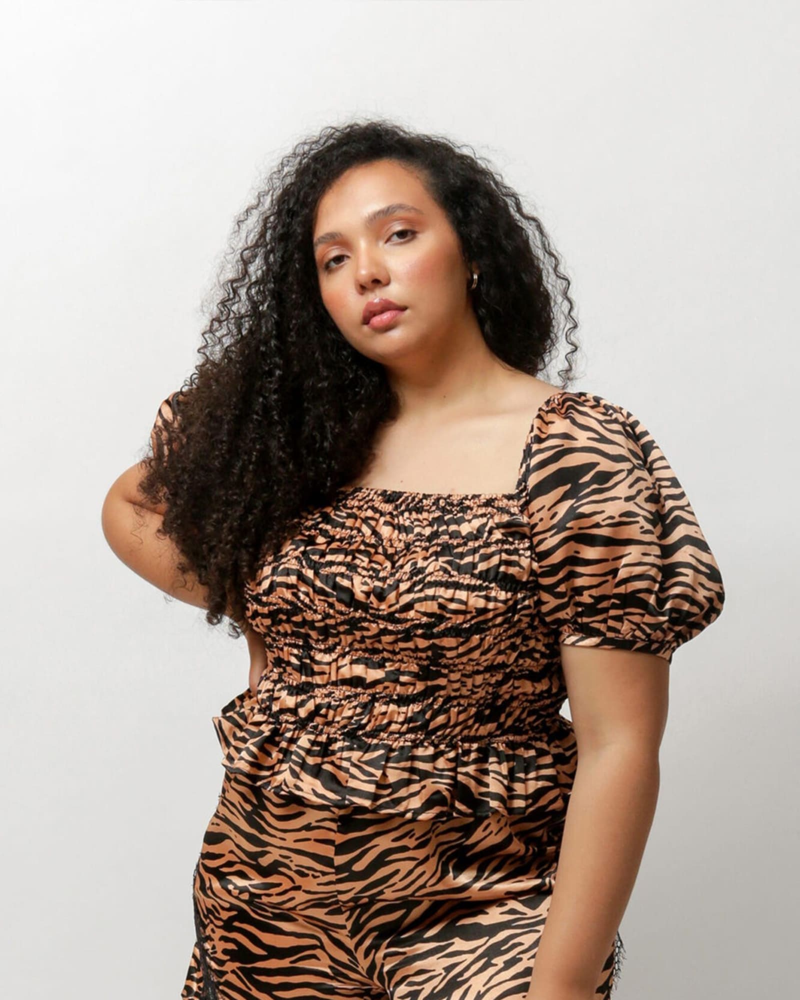 Bella B Puff Sleeve Satin Top | Tiger Print