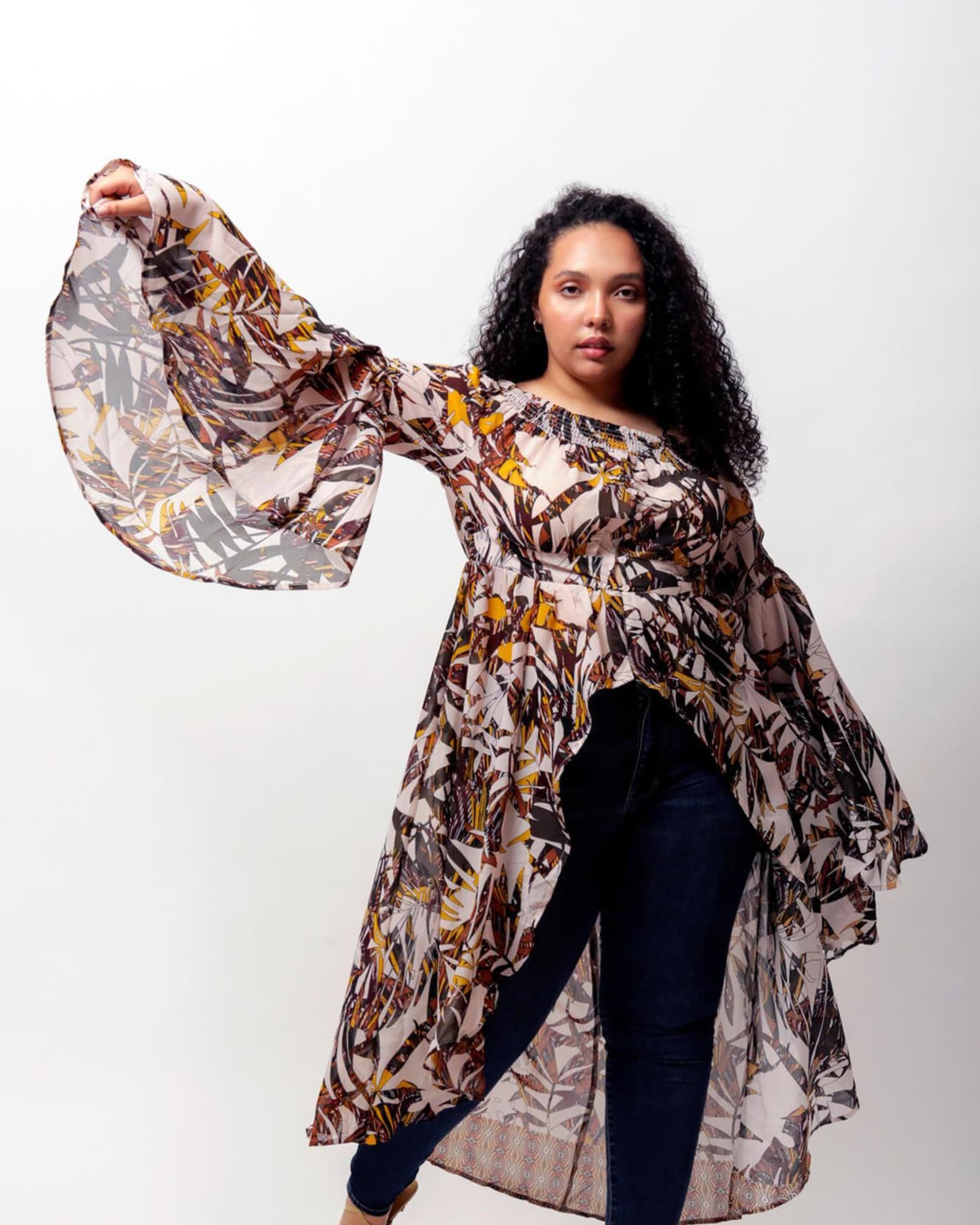 Christi Off The Shoulder Duster | Earthly Leaves Print