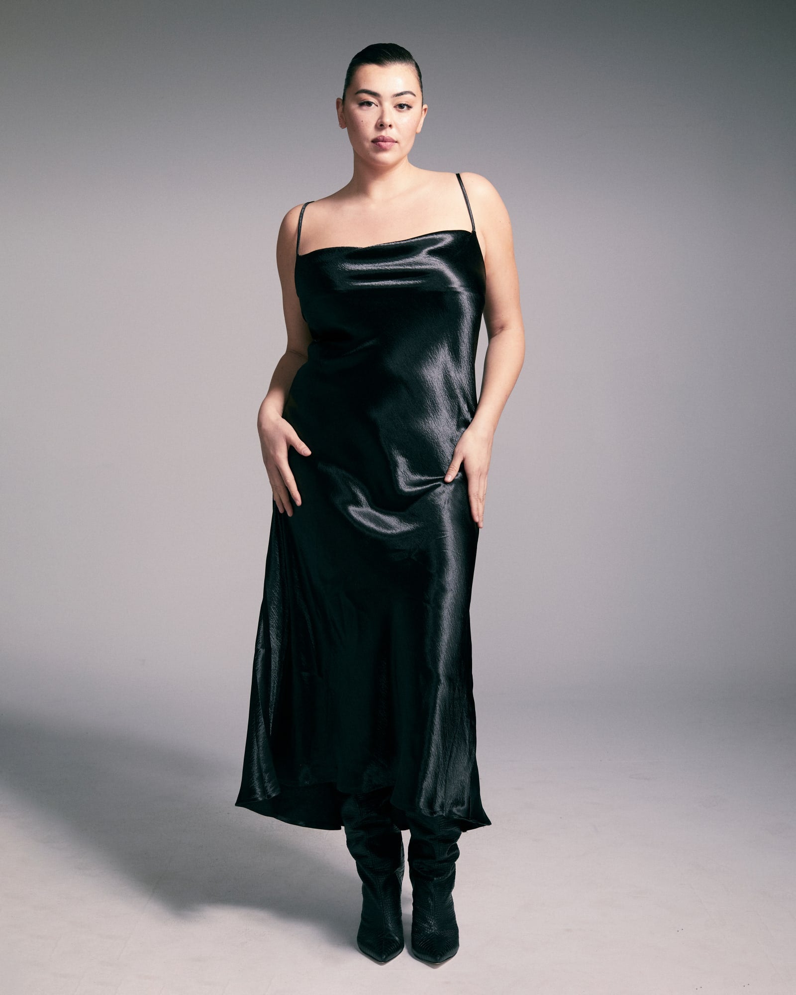 Drea Cowlneck Satin Midi Slip Dress | Black