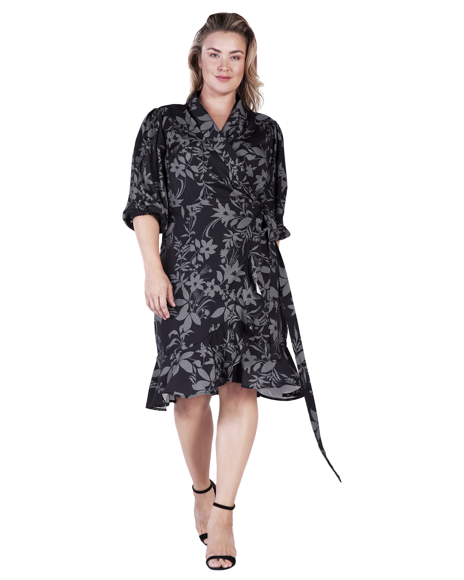 Chloe Ruffle Wrap Midi Dress | Black Grey Floarl