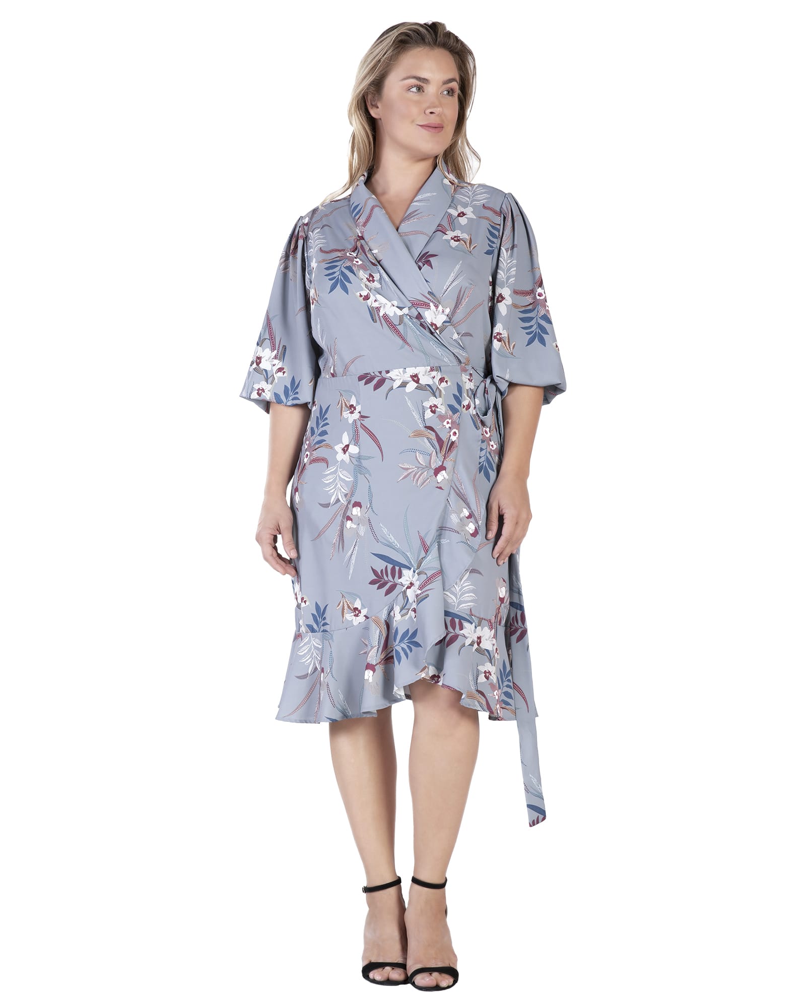 Chloe Ruffle Wrap Midi Dress | Grey Tropical Floarl