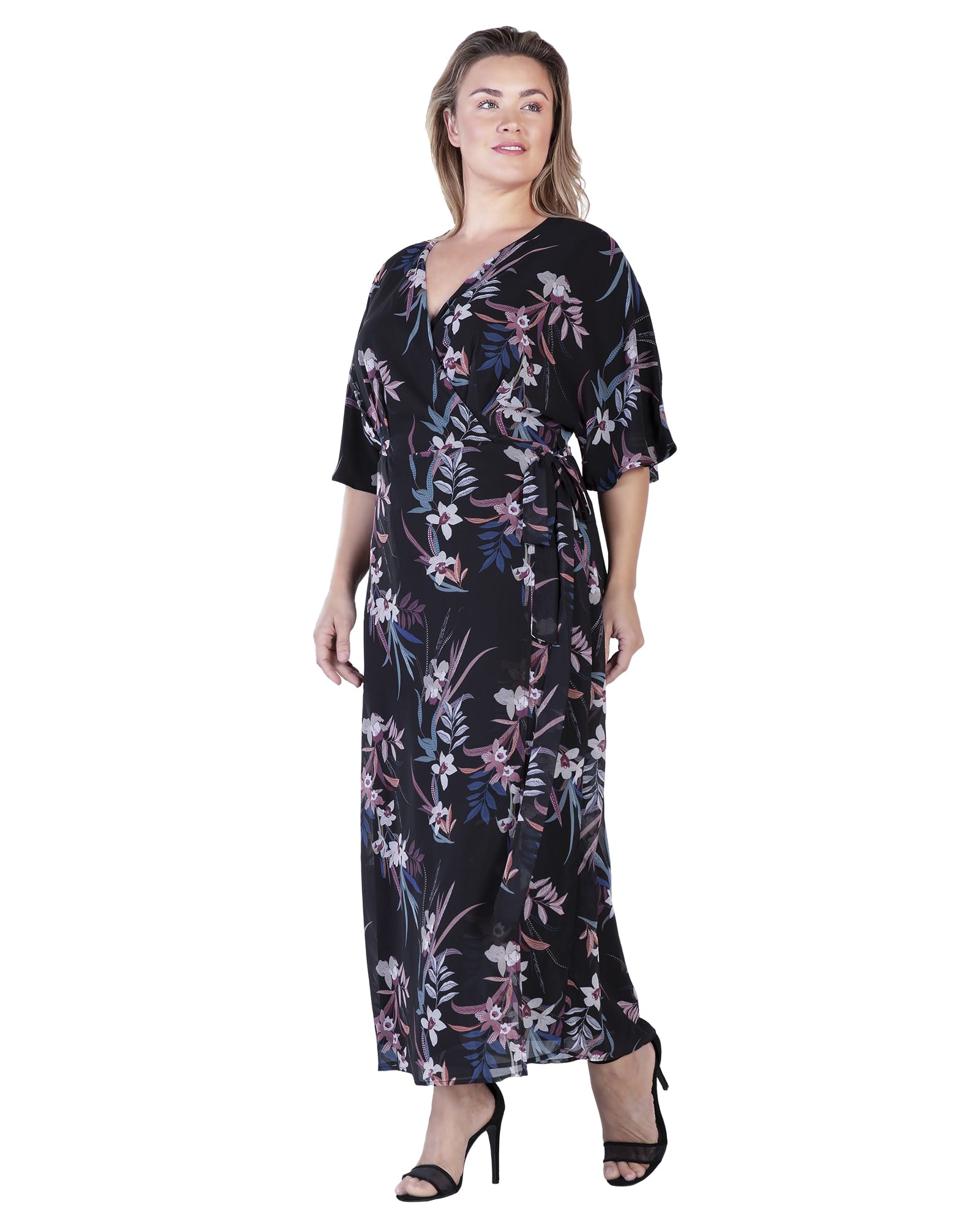 Aubrey Kimono Wrap Maxi Dress | Black Tropical Floral